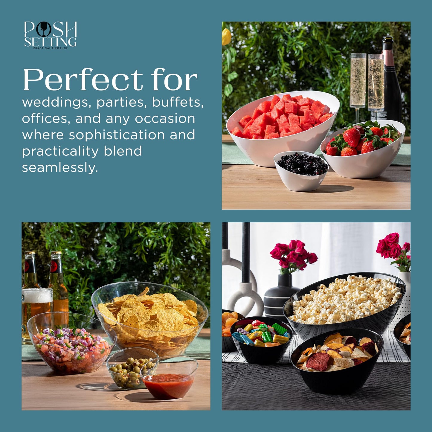 Posh Setting - White Plastic Serving Bowls for Party - Angled, Disposable, Chip & Candy Bowls - 54 OZ, 5 Pack