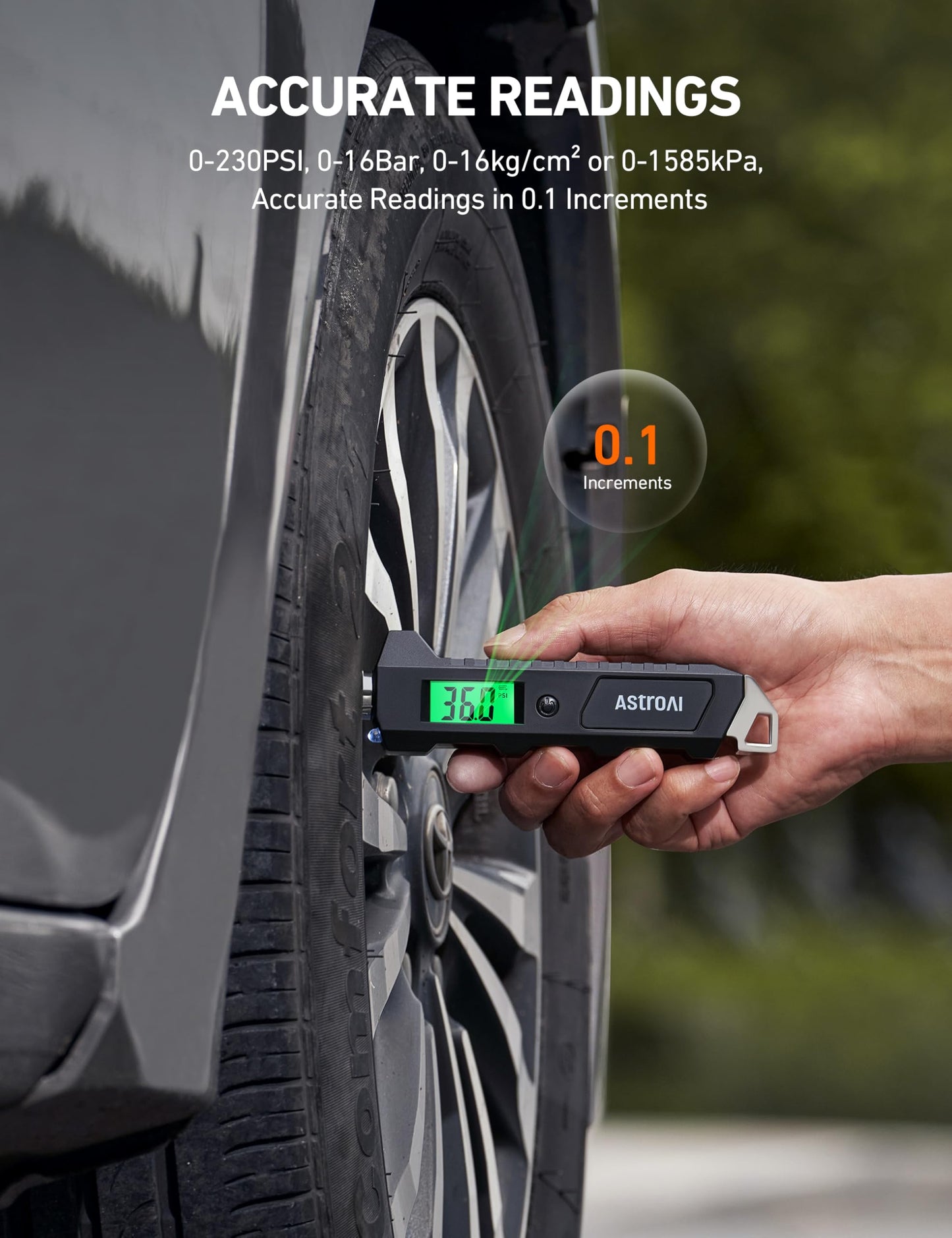 AstroAI Digital Tire Pressure Gauge, 230 PSI 4 Settings Heavy Duty for Car Bicycle with Larger Backlit LCD Flashlight and Non-Slip, Black