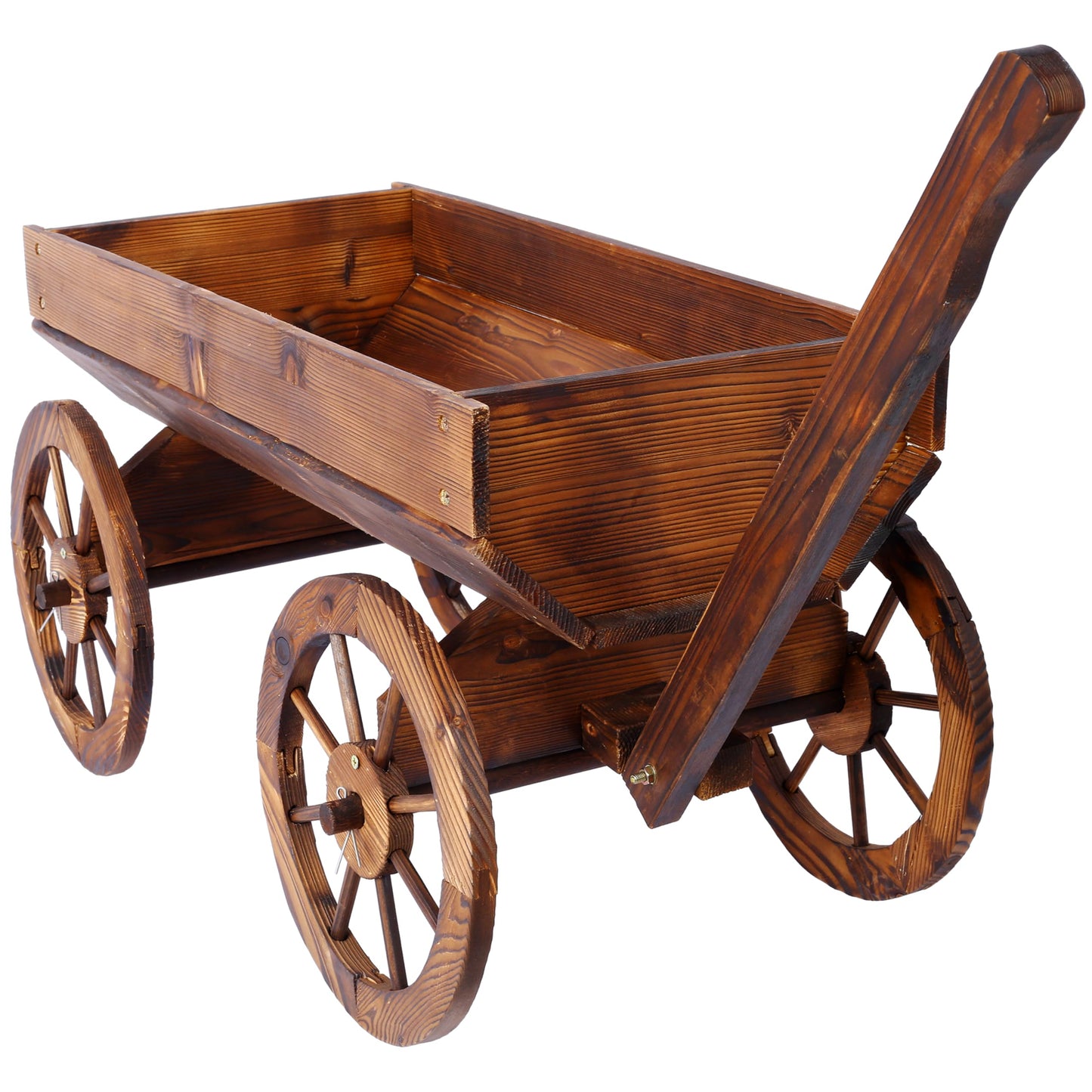 AYUYK Wood Wagon Planter with Wheels, Large Rustic Outdoor Garden Decor – Solid Fir Wood Wheelbarrow Planter for Patio, Balcony, Backyard, Heavy Duty Wooden Flower Cart with Handle