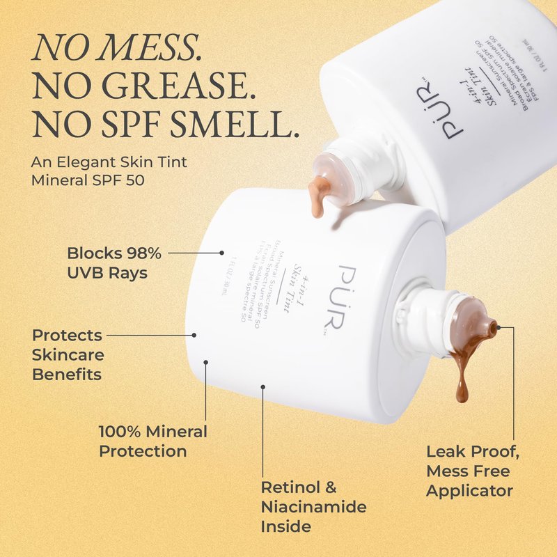 PÜR MINERALS Tinted Sunscreen for Face, 4-in-1 Skin Tint - Broad Spectrum Mineral Sunscreen, SPF 50 - Tinted Facial Moisturizer, Primer, Foundation for Sun Protection - Lightweight, Buildable, Tan TN7