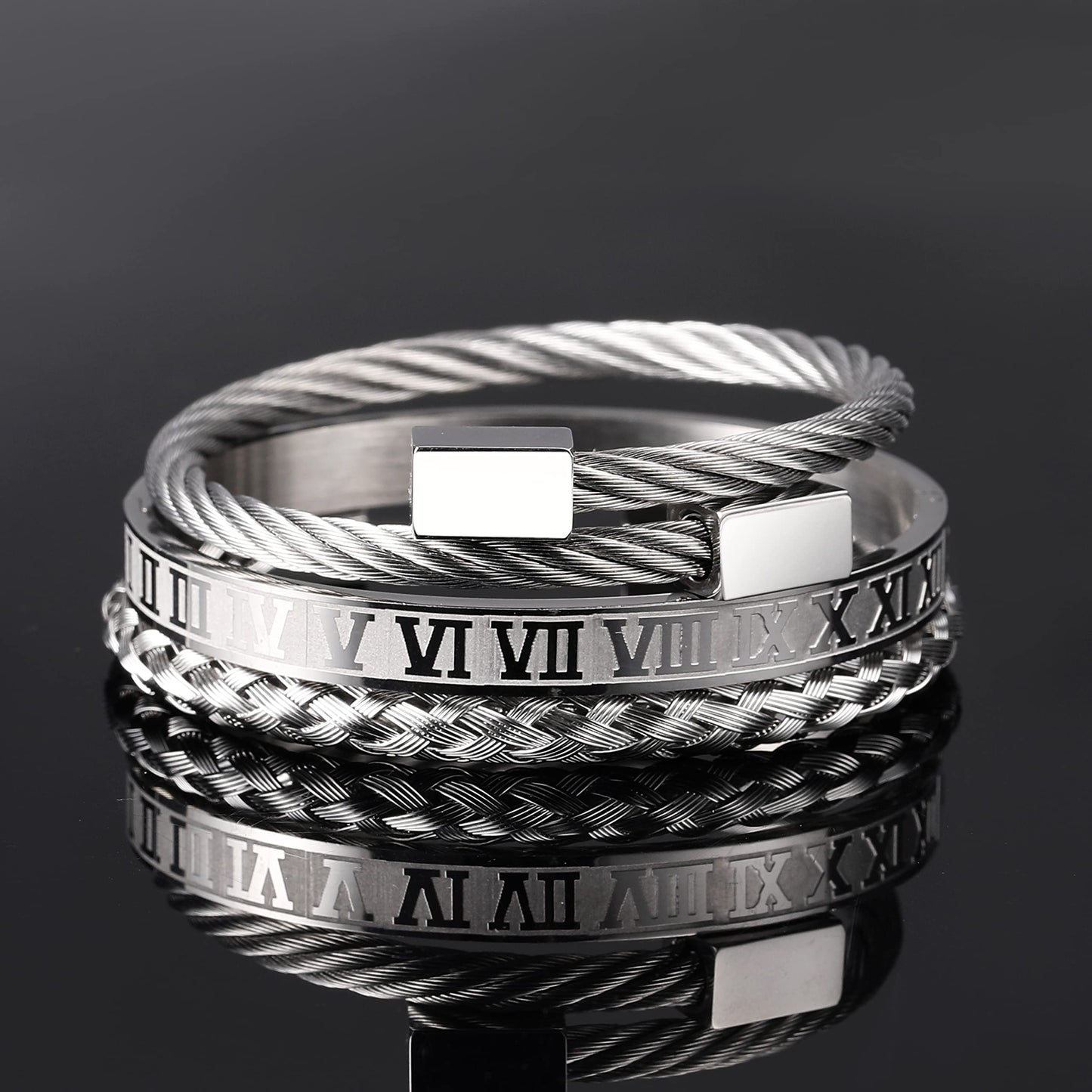 WFYOU 3PCS Stainless Steel Bracelets for Men Gold Roman Numeral Bangle Bracelet Twisted Cable Bracelet Adjustable Cuff Bracelet Mens Luxury Jewelry Bracelets Gifts