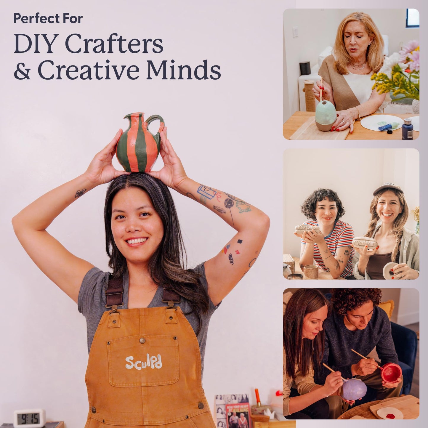 Sculpd - The Original Pottery Kit for Adults - Air Dry Clay for Adults, Tools, Varnish, Paints, Brushes, Couples Date Night Arts & Crafts Set, Gloss Varnish with Floral Tones