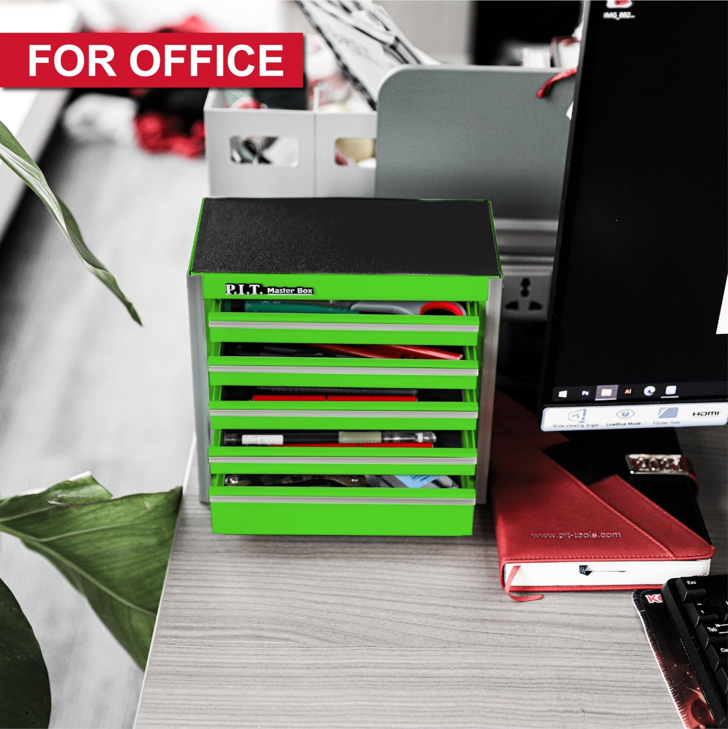P.I.T. Mini Green Tool Box, Portable 5-Drawer Micro Roll Cab Steel Tool Box with Liner, Green Small Tool Case for Tools Storage, Home DIY
