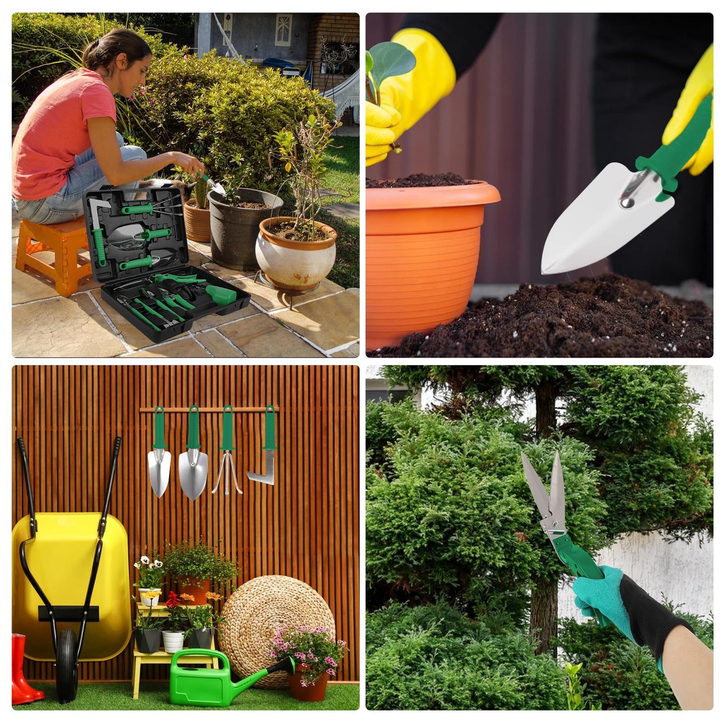 Gardening Tool Set, 11 Pieces Gardening Tools with Carrying Case, Garden Tool Kit for Digging Planting Pruning, Unique Gardening Set with Gloves for Women and Men (Green)