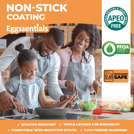 Eggssentials 2 IN 1 Egg Poacher Pan & Large Frying Pan - Poached Egg Maker, Granite Egg Poacher with 6 Cups - Egg Pan - 10 Inch Frying Pan Nonstick Omelette Pan