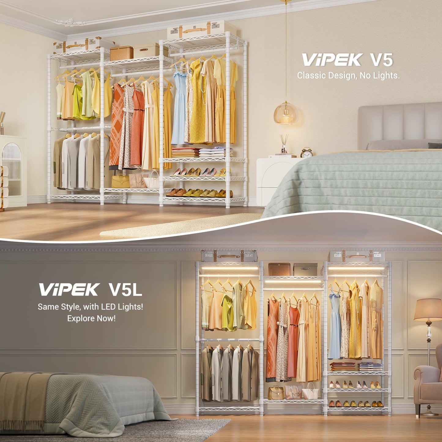 VIPEK V5 Portable Closet Wardrobe Heavy Duty Clothes Rack, Freestanding Clothing Racks with 4 Hang Rods & 8 Shelves, Adjustable Custom Closet Racks, 68.9" L x 15.7" W x 76.4" H, Max Load 800LBS, White