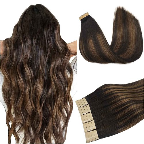 DOORES 24 Inch 50g Tape in Human Hair Extensions Remy Balayage Dark Brown to Chestnut Brown Real Hair Extensions Tape in Straight Natural Glue in Extensions Human Hair Skin Weft 20pcs