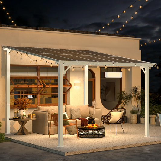 AECOJOY 10' x 10' Pergola Gazebo in White, Small Wall Mounted Pergolas and Gazebos on Clearance, Outdoor Patio Lean to Gazebo Metal Awnings for Deck, Porch, Backyard and More