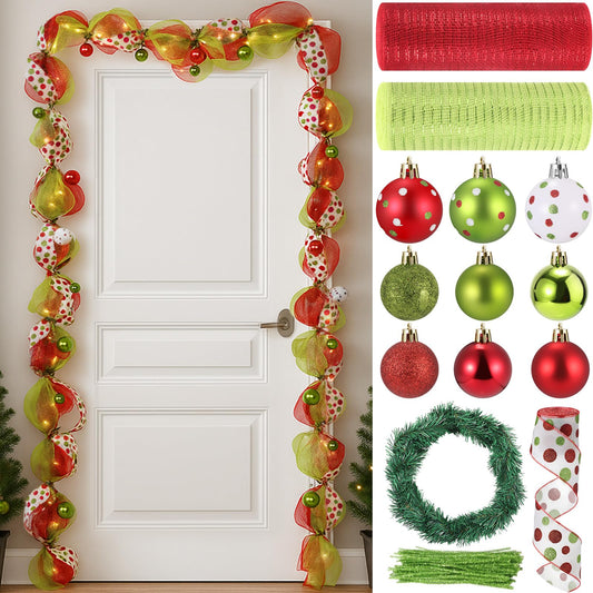 AceOrbit 28 Pcs DIY Christmas Decor Mesh Entryway Garland Decoration Metallic Mesh Ribbon Red Christmas Balls Ribbon Pine Needles Garlands Chenille Stems for Xmas Door Holiday Wreath (Stylish Style)