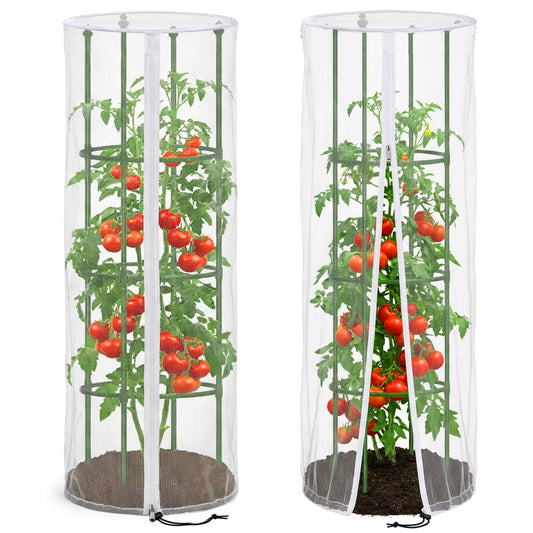 2 Pcs Garden Bird Netting Cover for Round Tomato Cage, 59" x 18" Tomato Trellis Insect Barrier Protection Mesh, Plant Cage Garden Net Cover with Zipper for Vertical Climbing Plants Vegetables Fruits