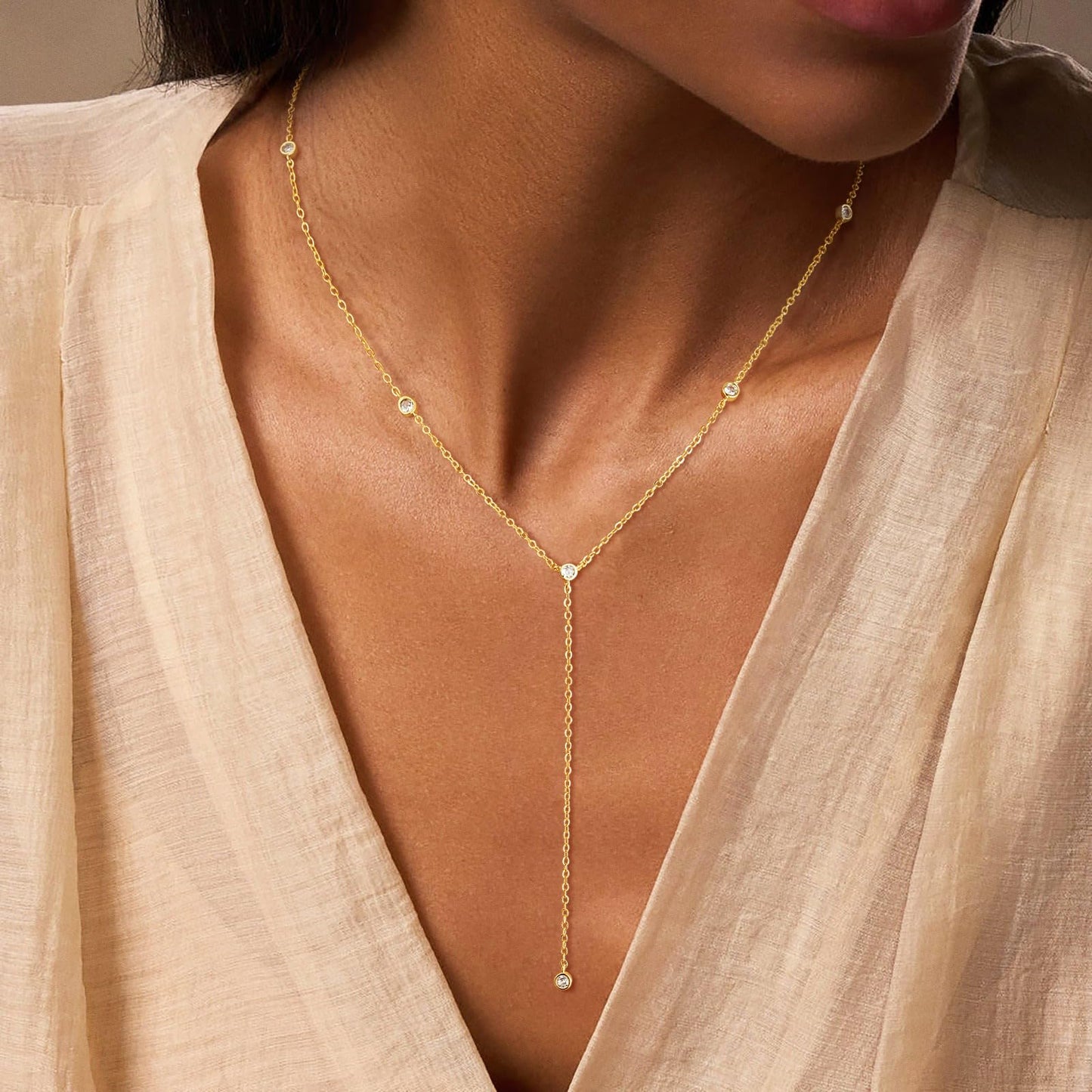 Fglqfam Lariat Necklace for Women, Dainty Long Necklaces, 14k Gold/Silver Plated Y-Shaped Drop Chain Necklace, Simple Layered Necklaces, Trendy Jewelry Gifts