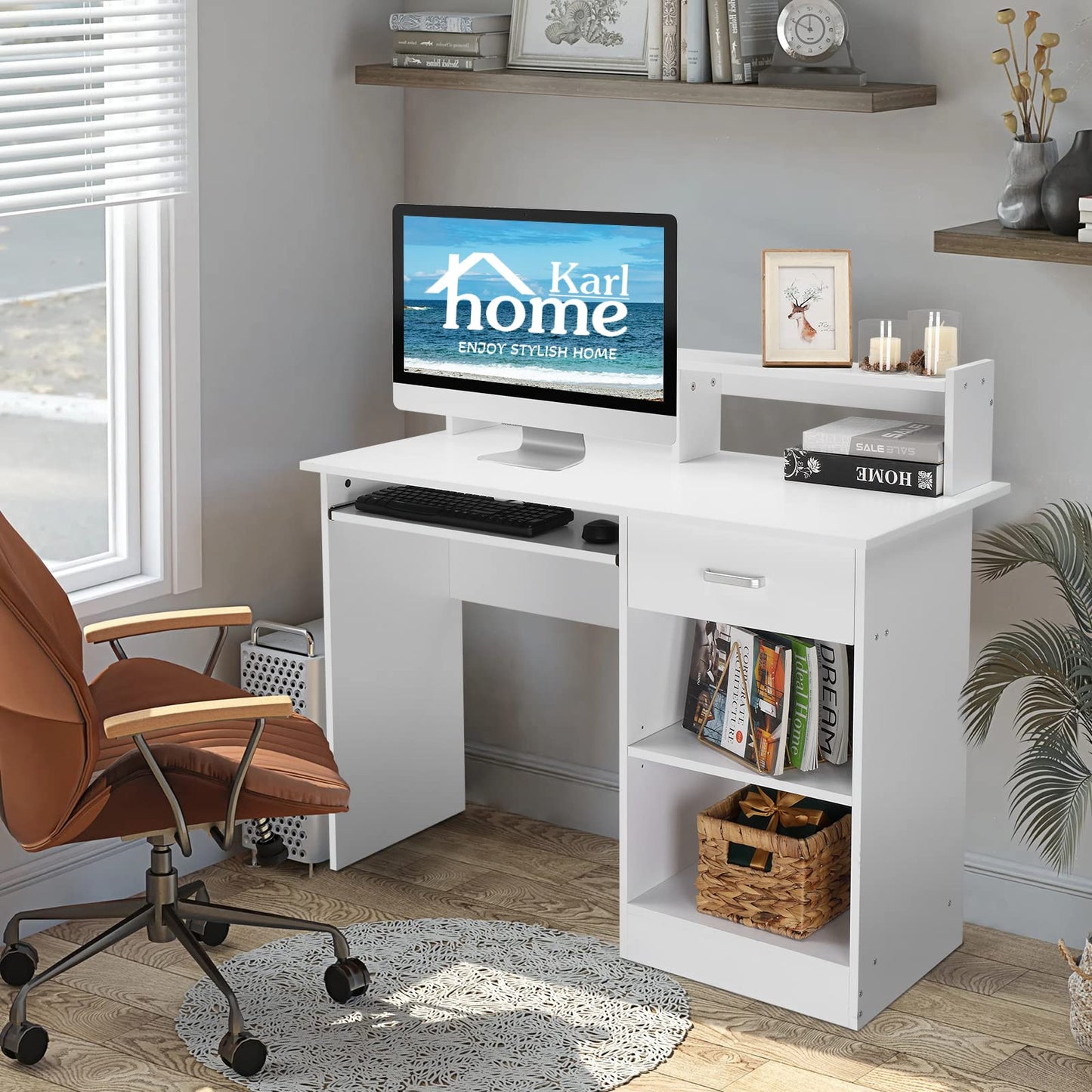 Karl home Computer Desk Study Writing Desk, Wooden Home Office Workstation PC Laptop Table with Drawer Shelf Keyboard Tray, White