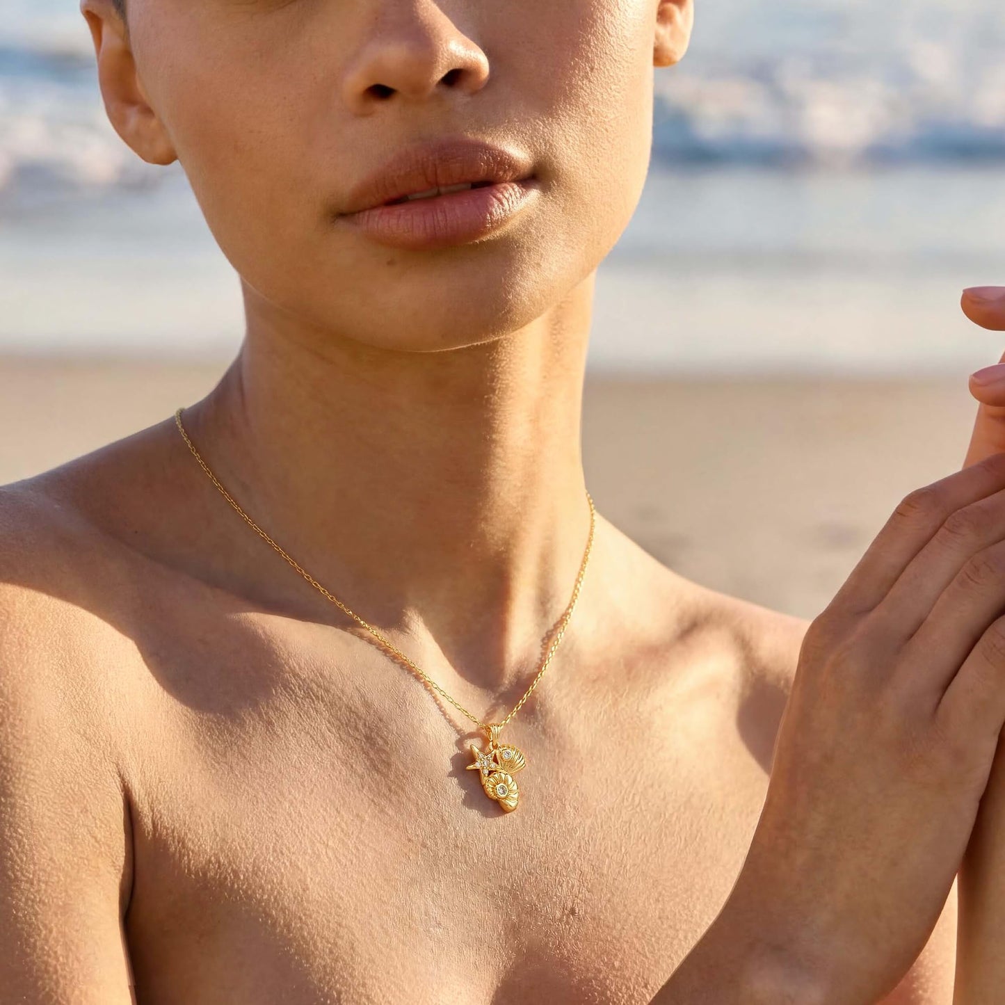 MYEARS Women Gold Necklace Conch Clam Shell Starfish Trio Pendant Cubic Zirconia 14K Simple Dainty Chain Everyday Summer Beach Jewelry