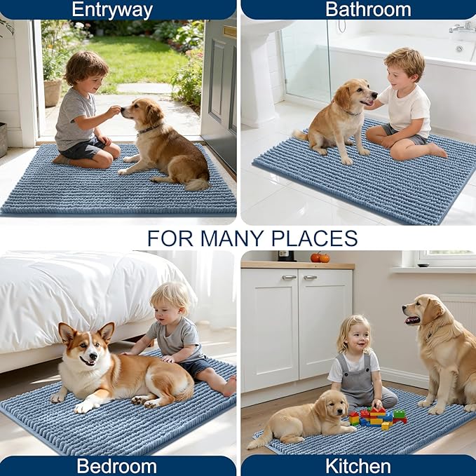 OLANLY Dog Door Mat for Muddy Paws 59x20, Ultra Absorbent Chenille Mud Doormat, Non-Slip Washable and Dirt Trapping Doormat for Indoor Entryway, Quick-Dry Indoor Pet Bed Mats for Dogs, Airy Blue