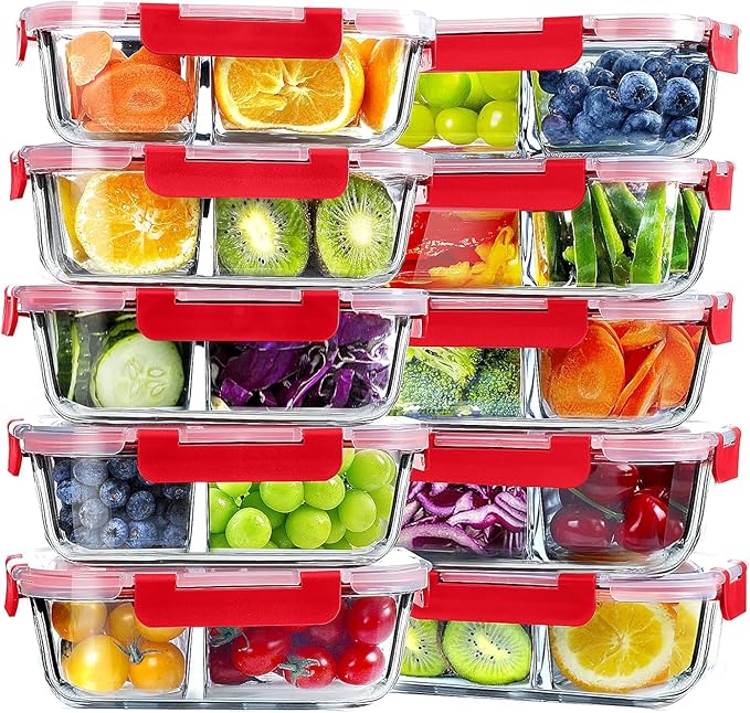VERONES 10 Pack Glass Meal Prep Containers 2 Compartment Set, 30 OZ Airtight Glass Lunch Containers, Glass Food Storage Containers with Lids, for Microwave, Oven, Freezer & Dishwasher Friendlyï¼Red