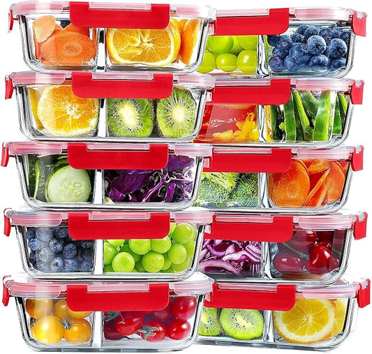 VERONES 10 Pack Glass Meal Prep Containers 2 Compartment Set, 30 OZ Airtight Glass Lunch Containers, Glass Food Storage Containers with Lids, for Microwave, Oven, Freezer & Dishwasher Friendlyï¼Red