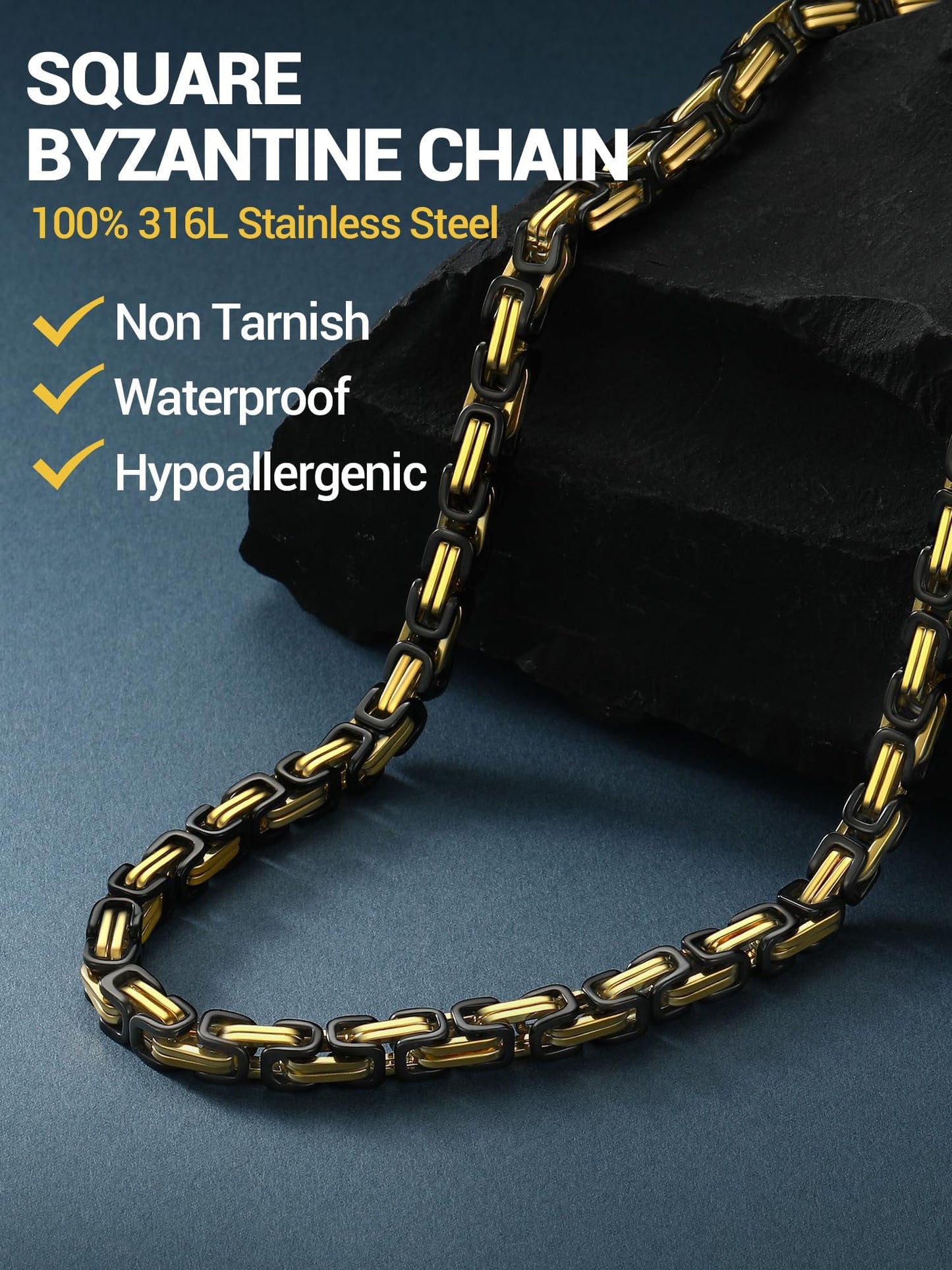 PROSTEEL Byzantine Link Mens Chain Necklace 24 Inch Stainless Steel Black Chains