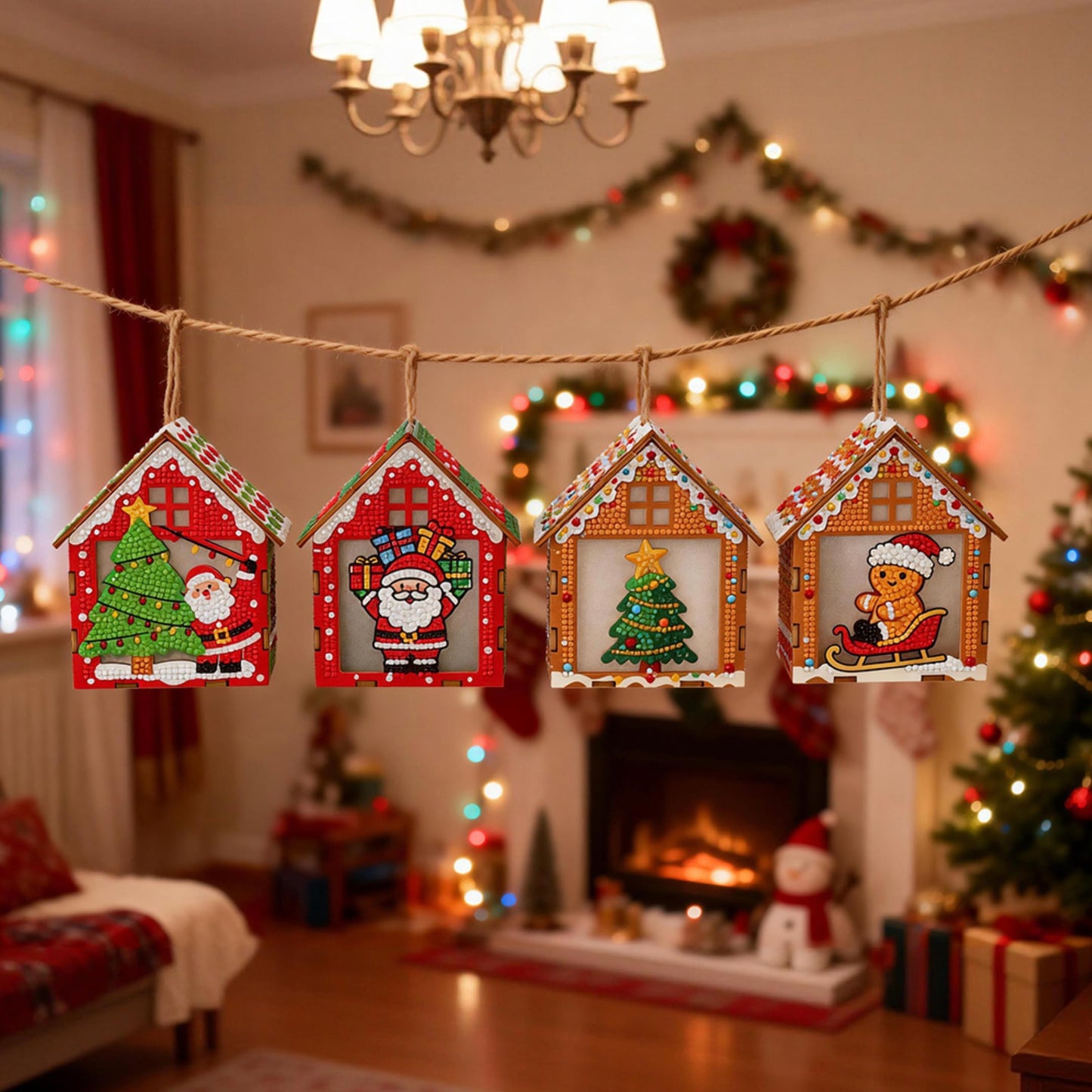 Party Ready LED Light-Up Diamond Painting Christmas Houses – DIY Rhinestone Mosaic Wooden Ornament Set, Holiday Tabletop Decor, Kids Craft Kit (Four Ornament Set)