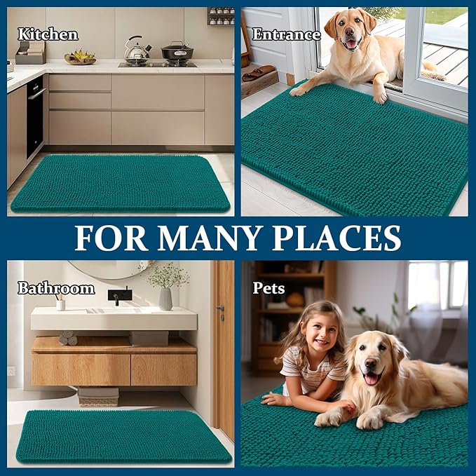 OLANLY Dog Door Mat for Muddy Paws 59x35, Absorbs Moisture and Dirt, Absorbent Non-Slip Washable Doormat, Quick Dry Chenille Mud Mat for Dogs, Entry Indoor Entryway Carpet for Inside Floor, Lake Blue