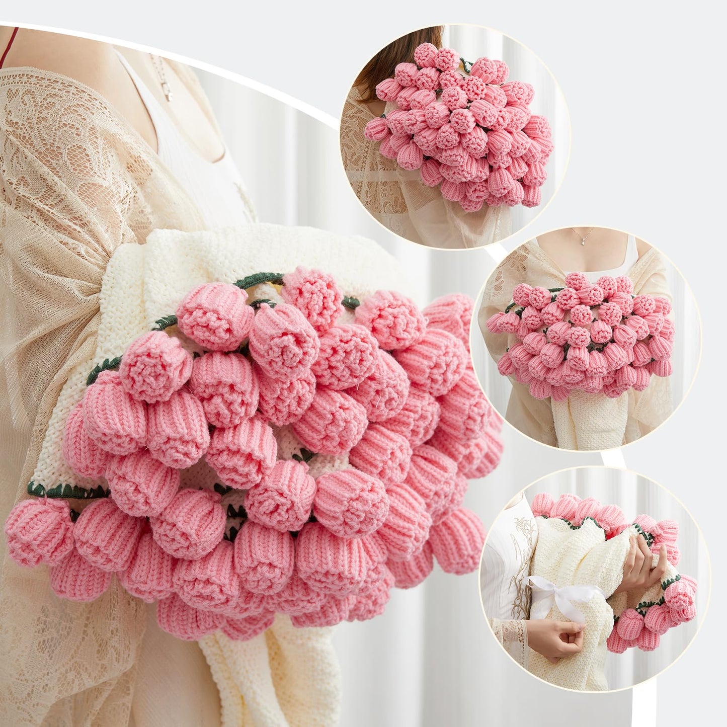Flower Bouquet Blanket, Gifts for Mom Daughter Grandkids Her Wife Girlfriend, Completed Crochet Flower Blanket,Soft Knitted Throw Blankets, Housewarming Gifts for Mothers Day Birthday (Pink Roses)