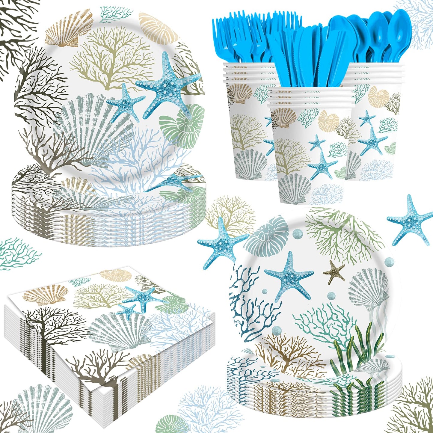 140Pcs Ocean Seashell Coastal Beach Starfish Coral Party Plates Supplies Tableware Decorations Disposable Paper Plates Napkins Forks for Birthday Summer Baby Shower, Serves 20