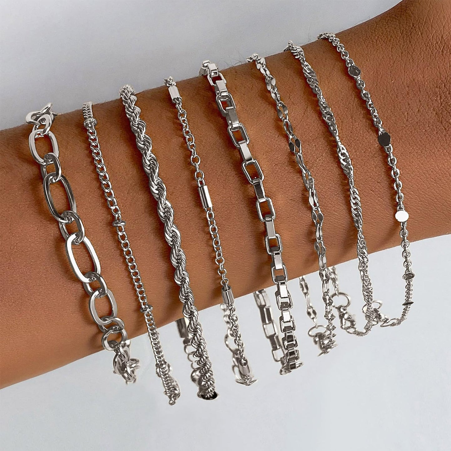 IFKM Silver Bracelets for Women, 14K Gold Plated Dainty Link Chain Bracelet set, Trendy Stackable Layered Bracelets jewelry Gifts