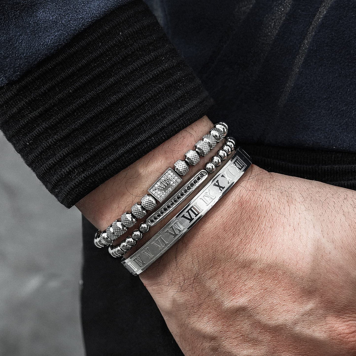 WFYOU 3PCS Stainless Steel Bracelets for Men Gold Roman Numeral Bangle Bracelet Twisted Cable Bracelet Adjustable Cuff Bracelet Mens Luxury Jewelry Bracelets Gifts(H:Silver)