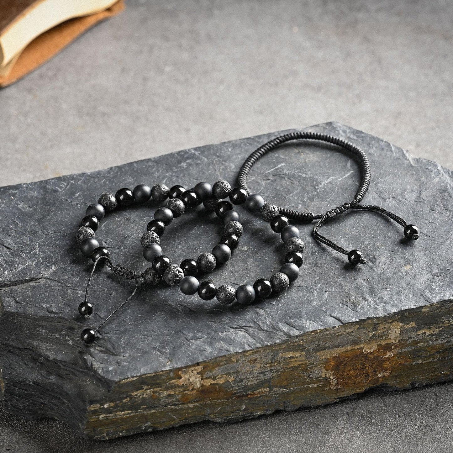 SAMXY Mens Bracelets Beads-8MM Black Onyx Obsidian Lava Stone Beads-3Pcs Handmade Natural Stone Crystal Healing Bracelet-Triple Protection Bracelet for Men Women Gifts
