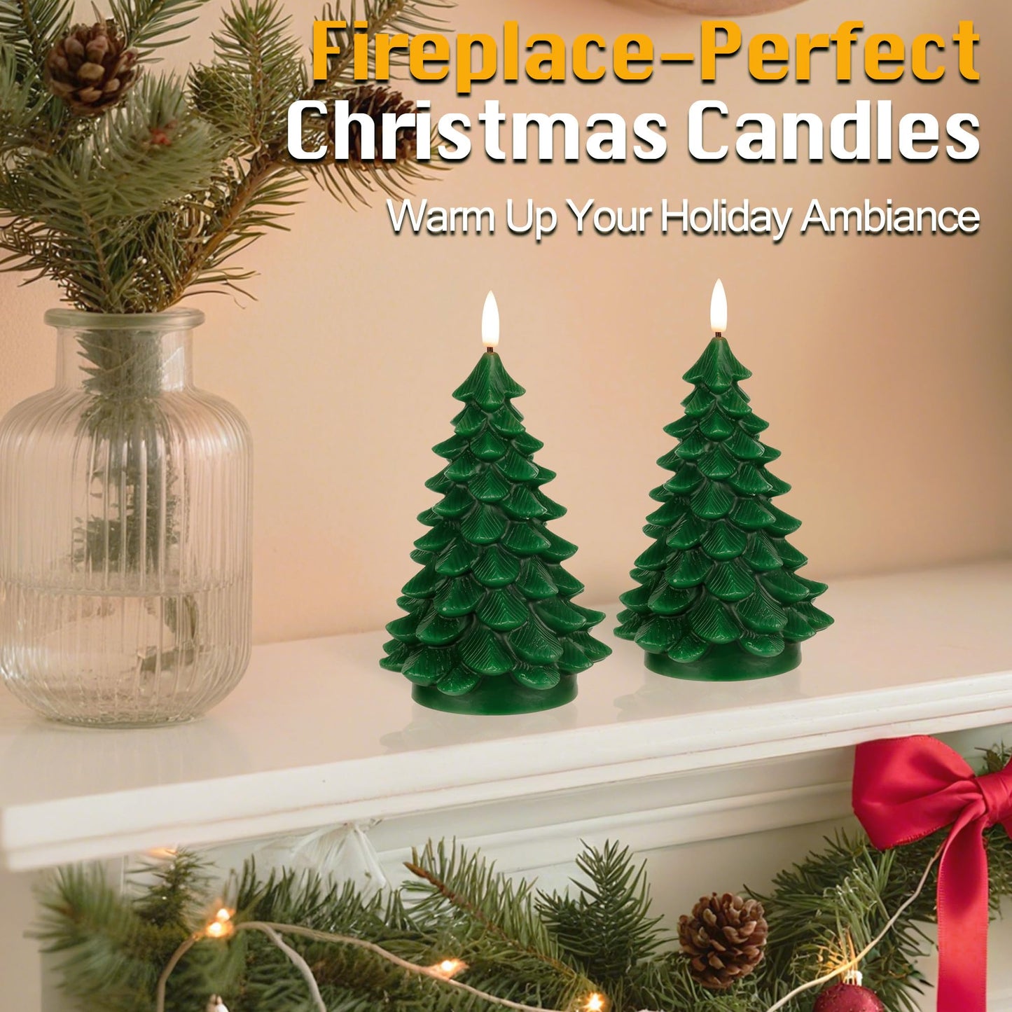 JOIONE Christmas Tree Flameless Candles with Remote Timer, Battery Operated Flickering Candles, LED Real Wax Candles for New Year Celebration, Christmas Decor, Set of 2, Green (3.15" X 7.48"")"