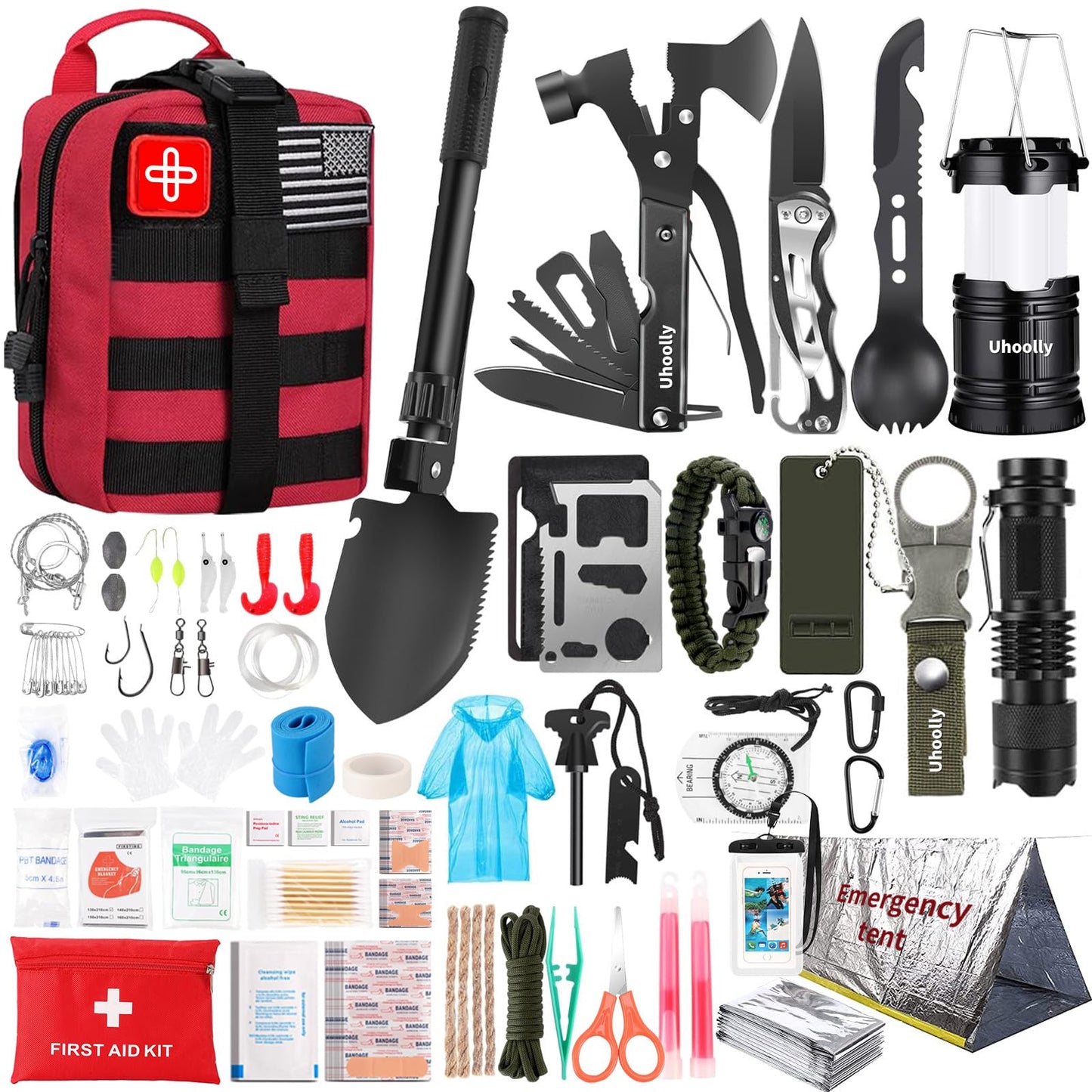Survival Kit, Gifts for Men Women Teen Boys, 252 pcs Survival Gear and Equipment Mini First Aid Kit for Car Home, Emergency Kit with Molle System for Earthquake, Outdoor Adventure, Car Travel (Red)