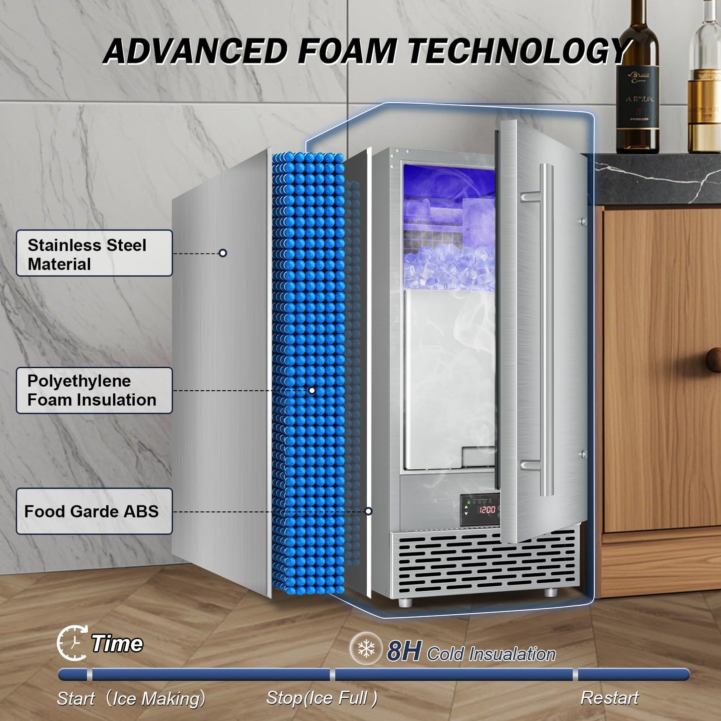 SOZT® Under Counter Ice Maker, 120LBS/24H Ice Machine, Self-Cleaning & 24H Timer, Commercial Ice Maker with 30LBS Storage - Reversible Door, Built-in/Freestanding Design for Home Bar Cafe Restaurant