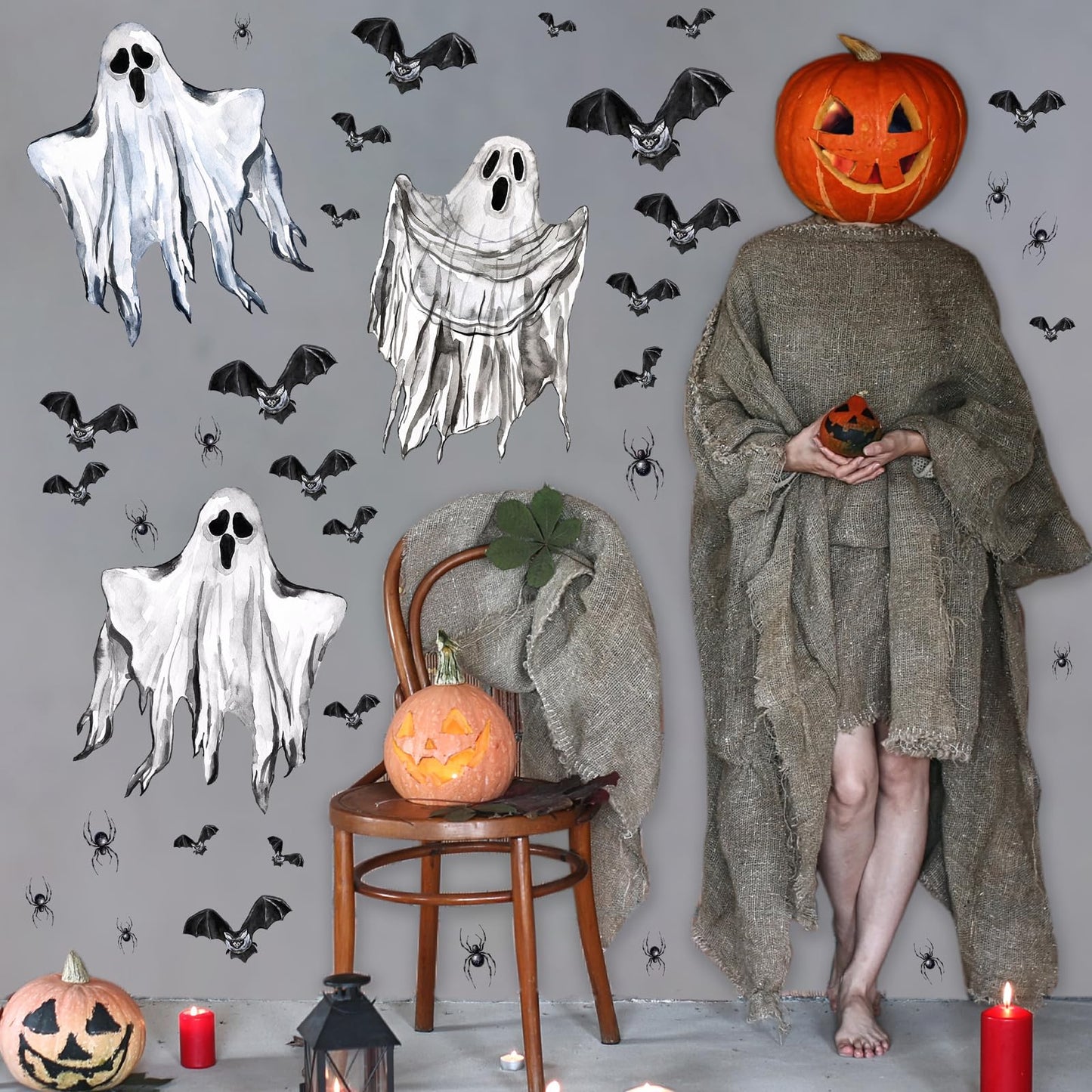 Halloween Wall Decoration Stickers Large Bats Ghost Wall Decals Decoration Peel and Stick Halloween Party Indoor Decor Supplies Happy Halloweens Vinyl Decals for Haunted House Window Winter Hoilday