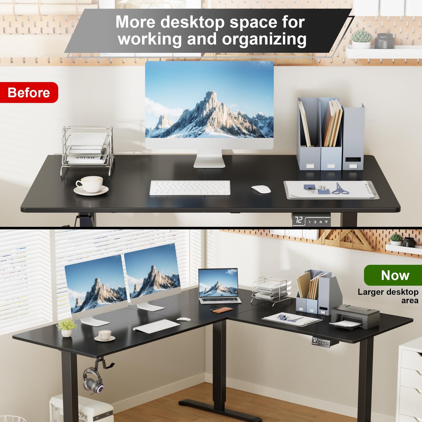 Shahoo L-Shaped Corner Standing Desk, Electric Height Adjustable Table, Home Office Workstation, 63 x 55 Inch, Black