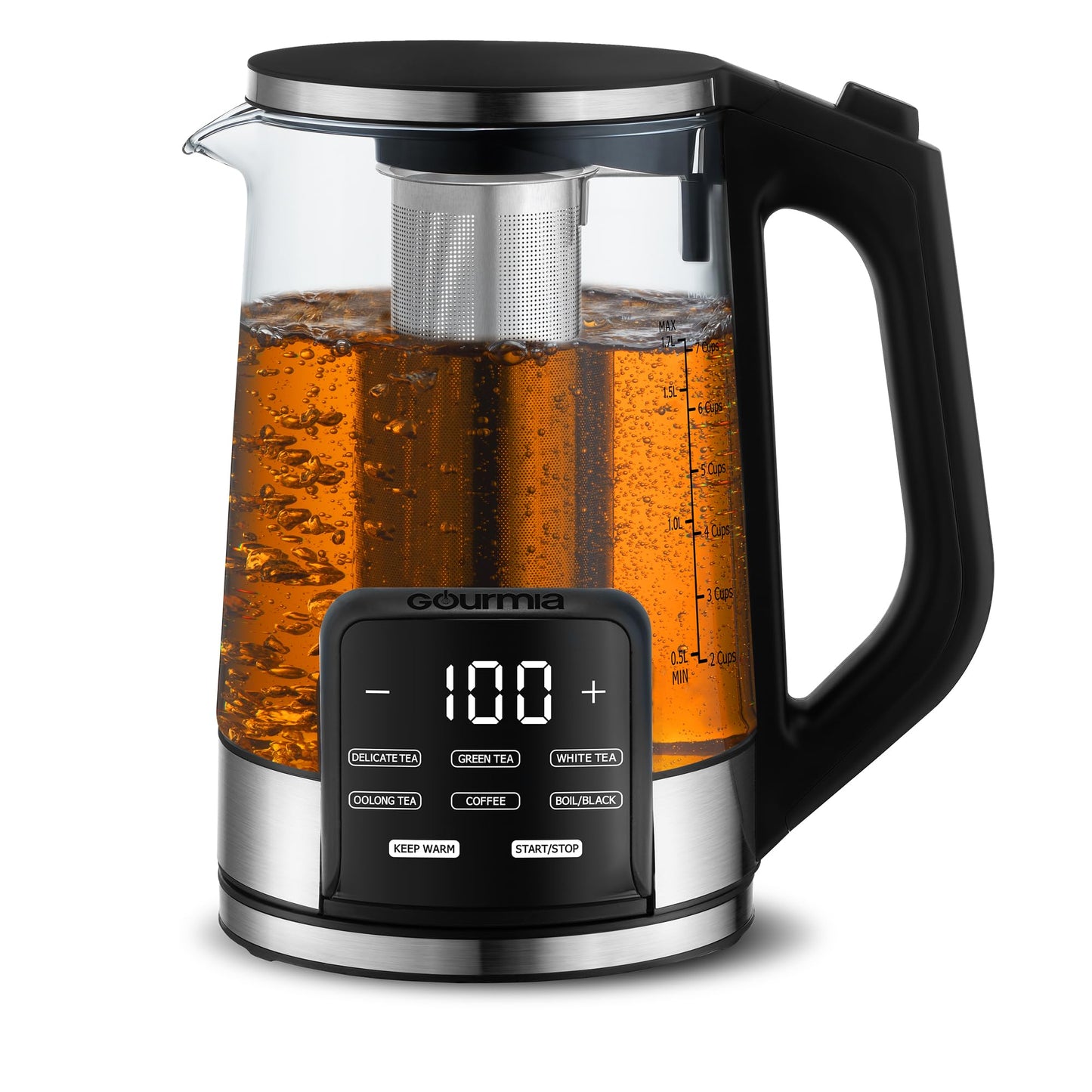 Gourmia Electric Programmable Glass Kettle – 1.7L Temperature Control Tea & Coffee Kettle with Digital Touch Display, 6 Presets, Keep Warm, Removable Stainless Steel Infuser, 360° Swivel Base – Black