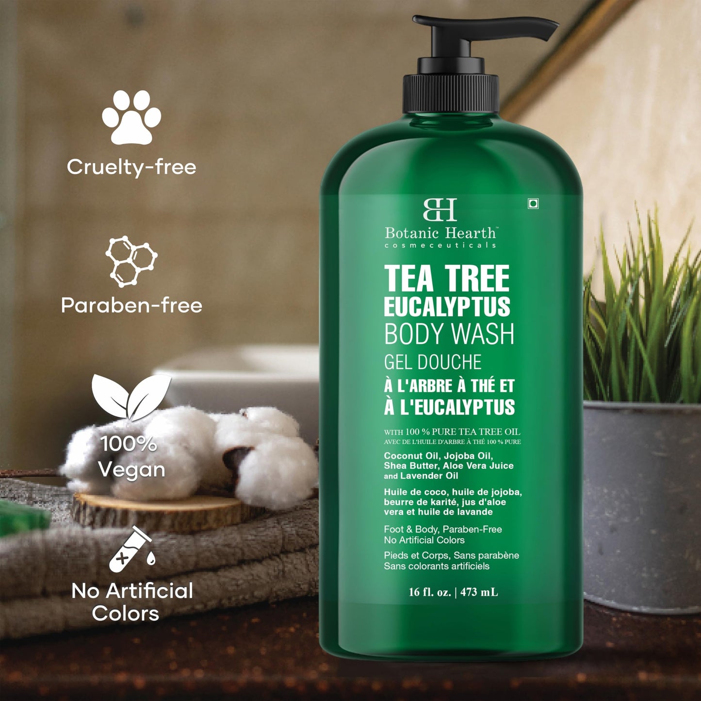 Botanic Hearth Eucalyptus & Tea Tree Body Wash – Refreshing & Invigorating Shower Gel for Men & Women, Helps Soothe Skin, Sulfate & Paraben Free – 16 fl oz