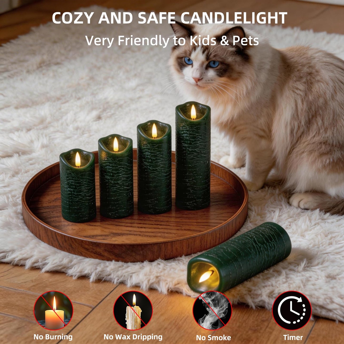 MiKoyi Flameless Pillar Candles with Remote, Battery Operated Candles Real Wax, [5-Pack] Fake LED Flickering flameless Candle with Timer Function for Room Home Decor (2.2" * 5/5.5/6/7/8"") - Green"