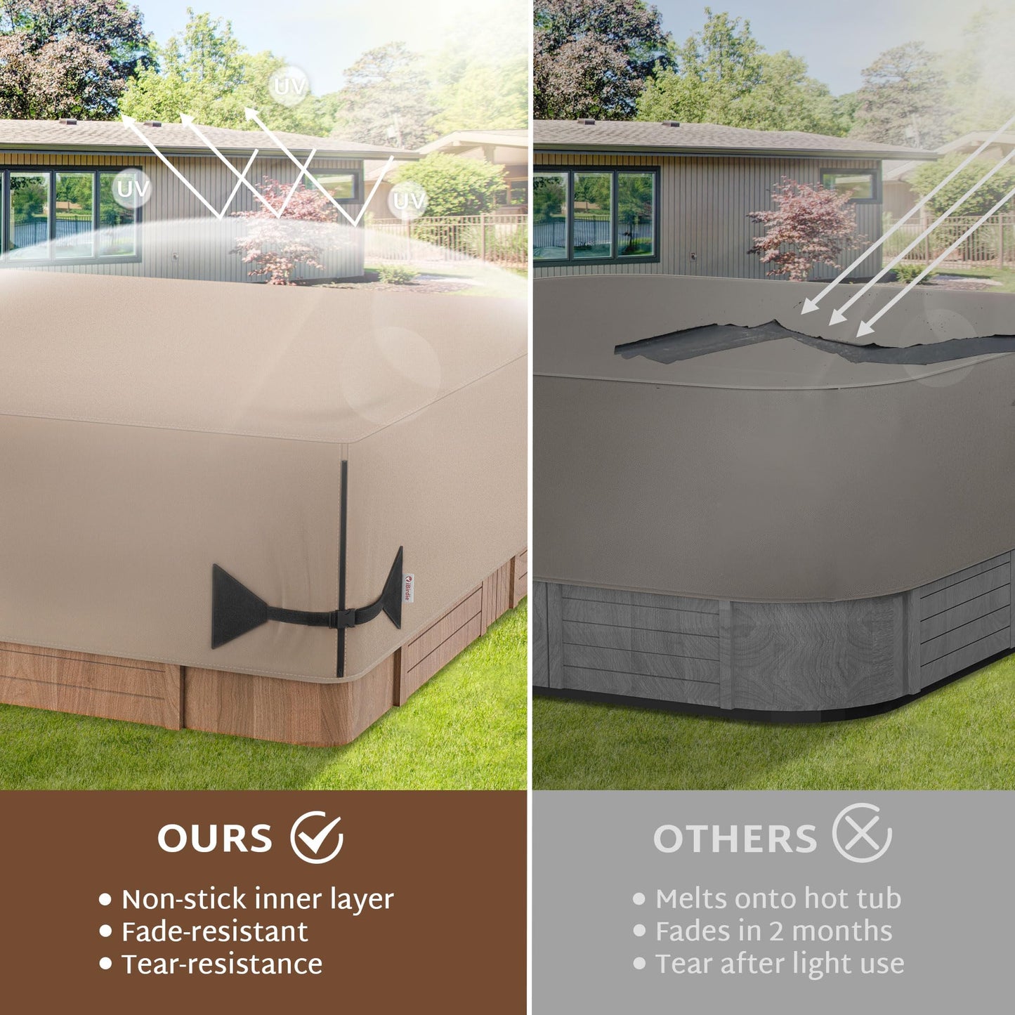 iBirdie Outdoor Waterproof Hot Tub Cover 88 x 88 inch fit 85 x 85 or 86 x 86 or 87 x 87 Square SPA 600D Heavy Duty Weatherproof Cover Protectors Protective Cap, Brown