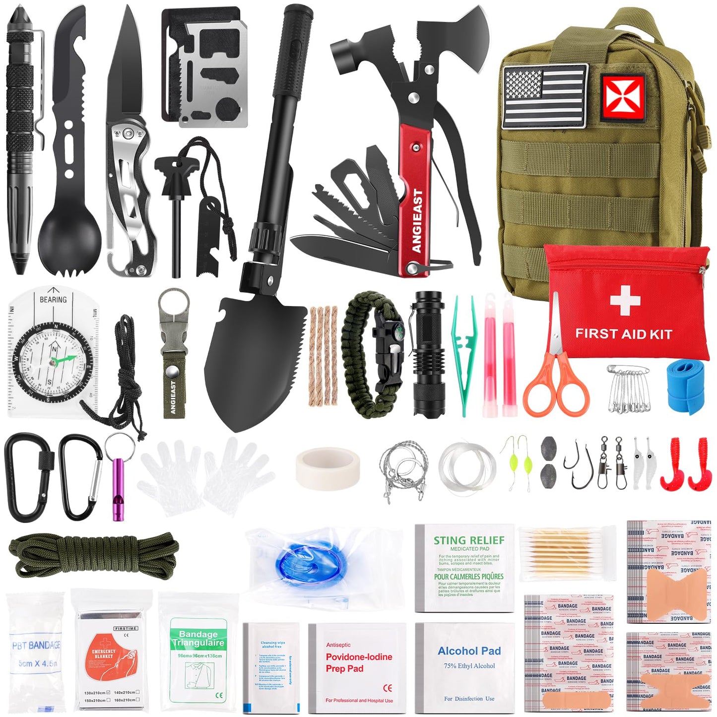 Survival Kit 256 in 1, First Aid Kit Survival Gear Tools Trauma Kit with Molle Pouch for Outdoor, Camping, Hunting, Hiking, Earthquake, Home, Office, Gifts for Men Dad Husband Women (Green)