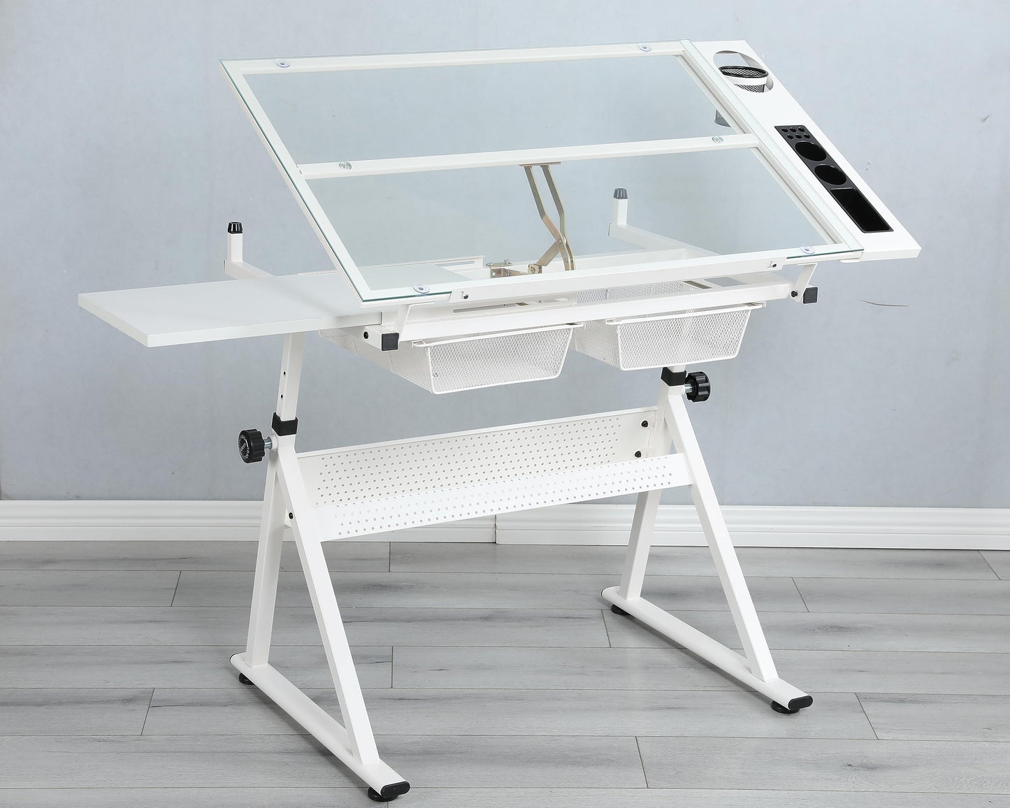 GOWE White Adjustable Tempered Glass Drafting Printing Table with Chair