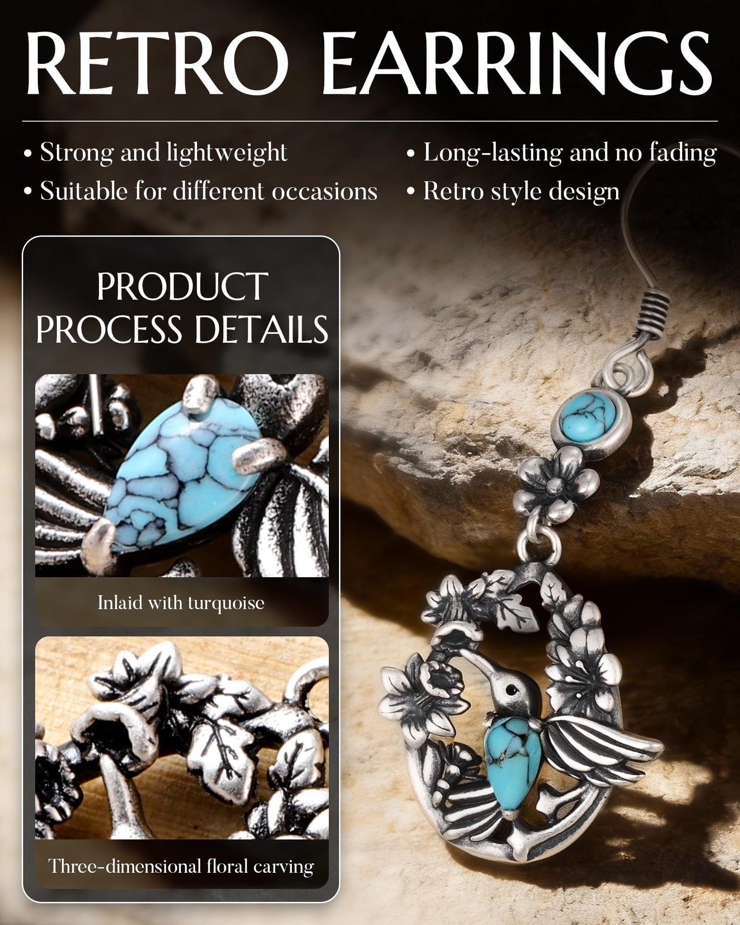 925-Sterling-Silver Turquoise Hummingbird Dangle Earrings - Vintage Boho Floral Jewelry Gift for Women Mom on Birthday, Mother’s Day, Holiday
