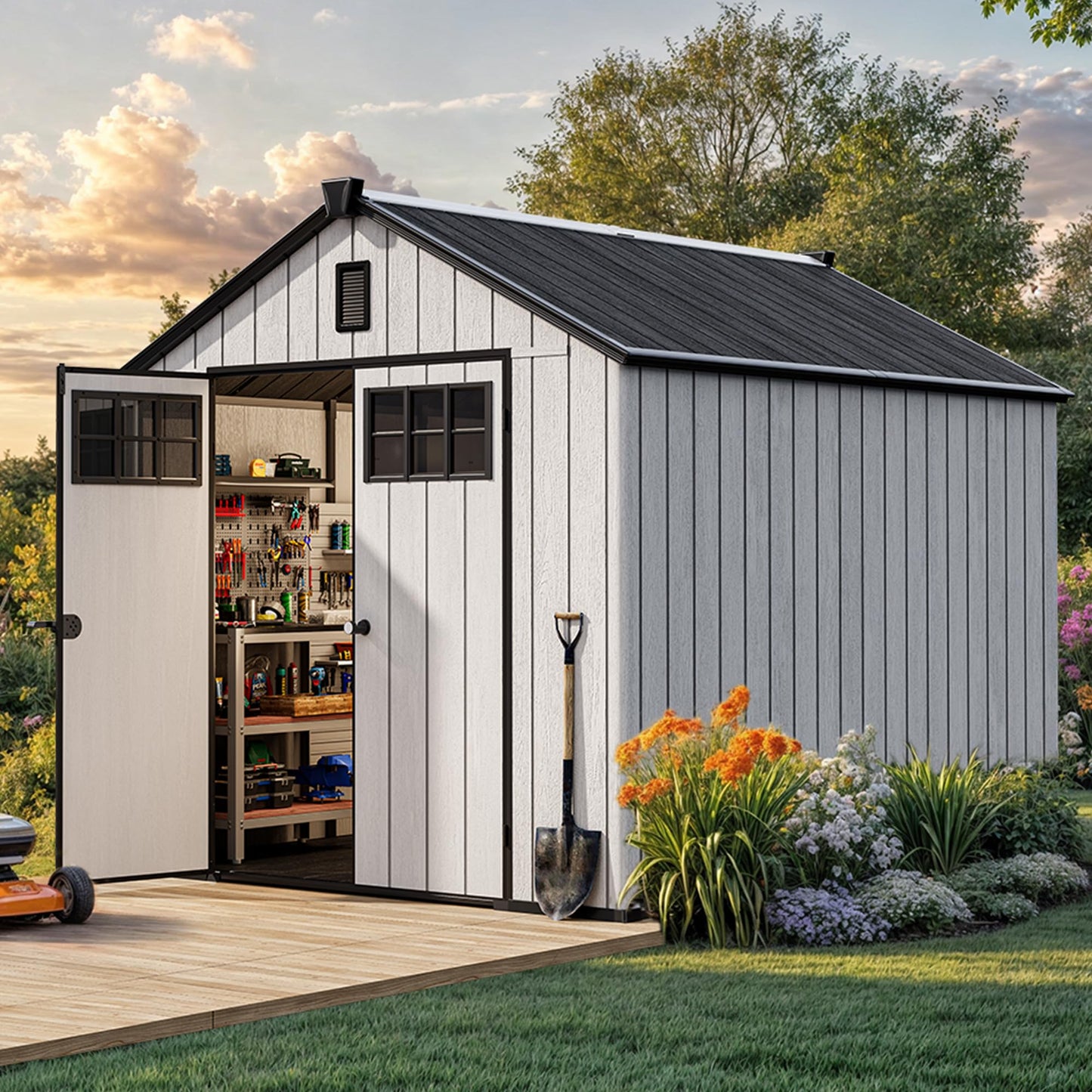 YITAHOME 8x10 FT Outdoor Storage Shed with Floor, Extra Thick Plastic Garden Shed for Bikes, Tools and Pool Supplies, Outdoor Resin Shed with Door Window Insert & Vents for Patio, Lawn, Backyard, Gray