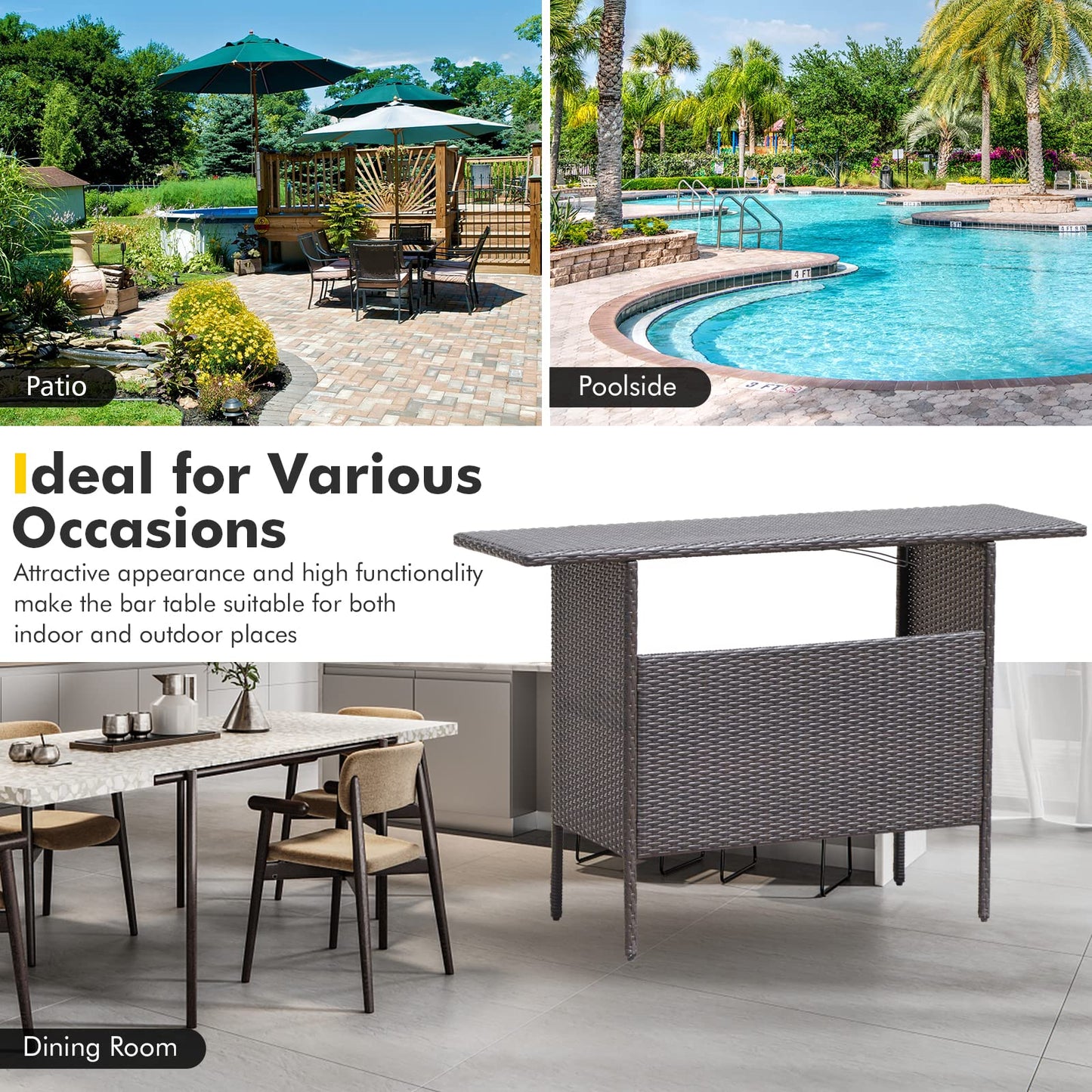 FANTASK Outdoor Wicker Bar, Paito Bar Table w/2 Storage Shelves, 2 Sets of Rails and Condole Cup Holders, Rattan Bar Counter Table for Backyard, Poolside, Garden