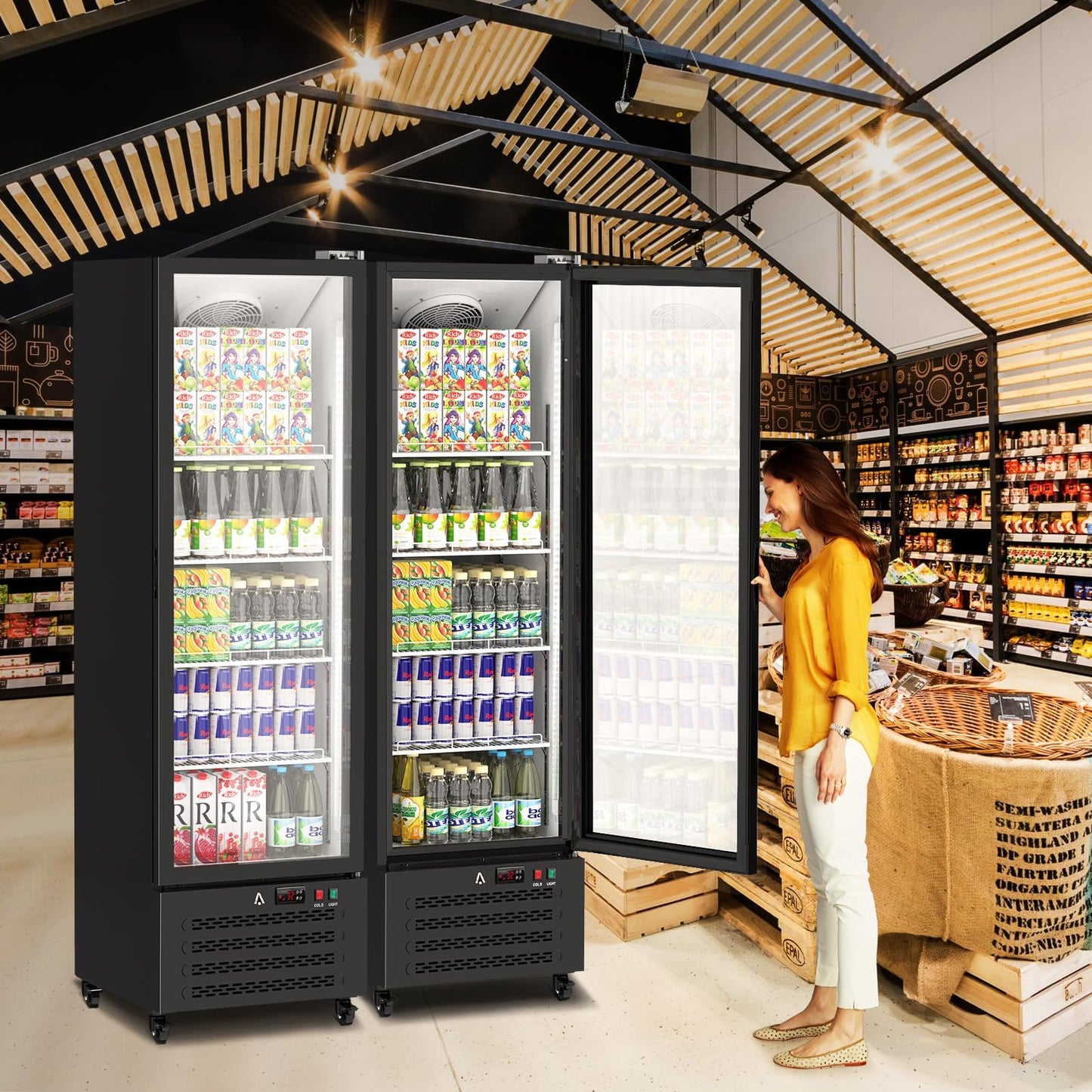 IDEALHOUSE Commercial Refrigerators, 13.4 Cu.Ft Beverage Cooler, Commercial Fridge with Glass Door Display, LED Light Adjustable Shelves Drink Cooler for Restaurant Grocery Store Home, Black