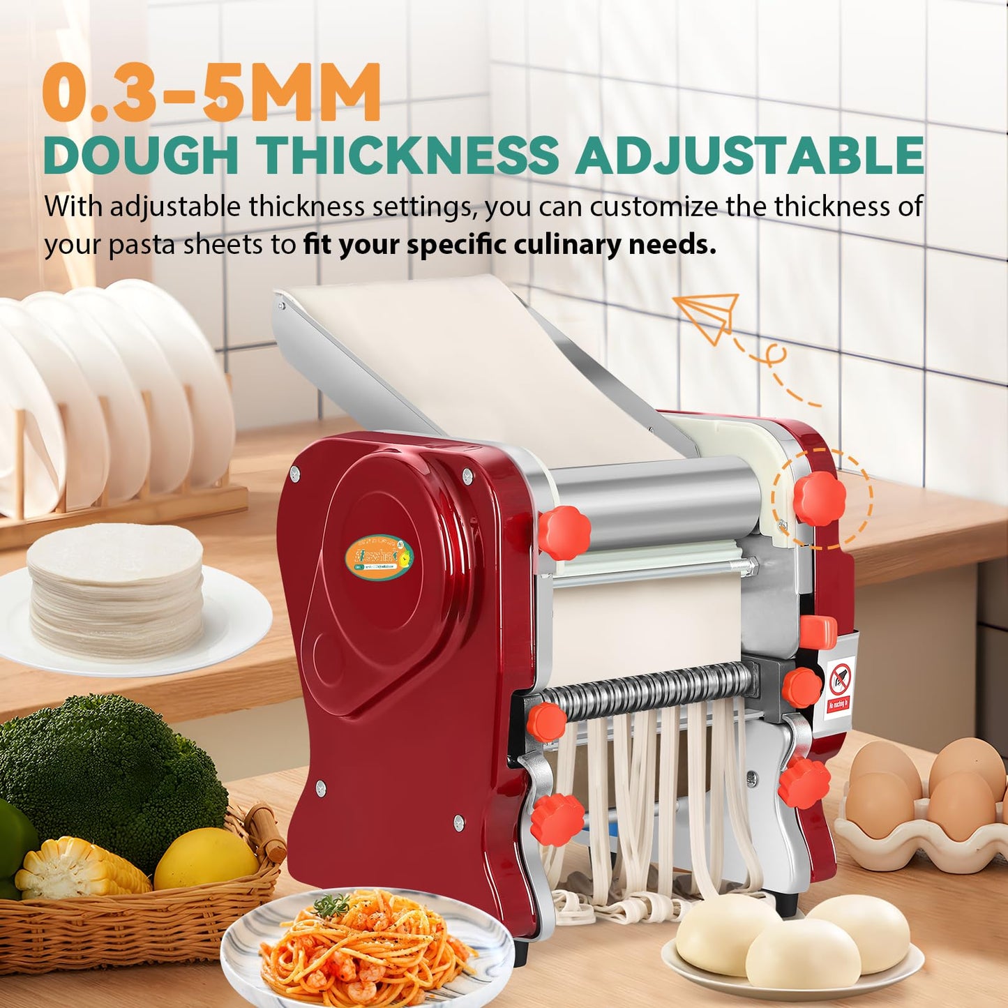 Newhai Commercial Electric Pasta Maker, Automatic Noodle Machine, 2-in-1 Heavy Duty Dough Roller Pressing Machine, with 2mm/6mm Blade, 550W Stainless Steel (with a 2mm/6mm dual use blade)