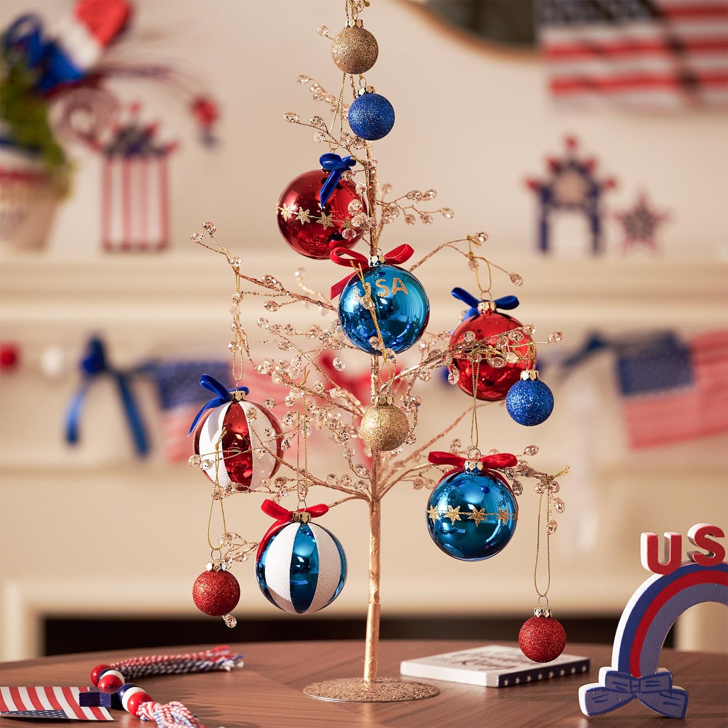 DN DECONATION 4th of July Tree Patriotic Decorations Red White and Blue Hanging Decor Balls with USA Stars & Glitter, Memorial Independence Day Decorations Party, Summer Gift 12 Pcs Shatterproof