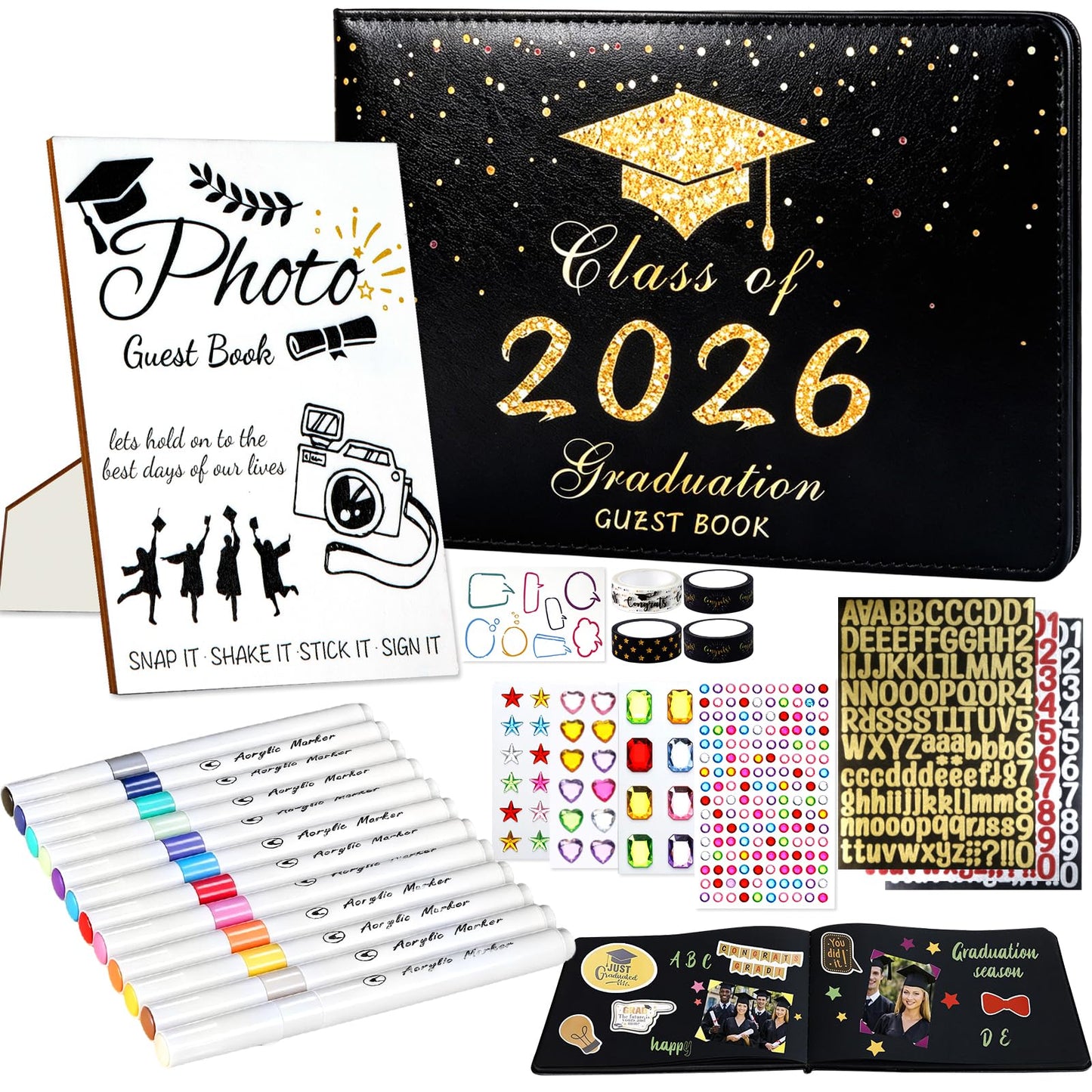 LUYI 29 Pcs 2026 Graduation Guest Book Set with Graduation Photo Guest Book Sign, Graduation Scrapbook Photo Album Memory Book DIY Kit with Markers Stickers for Congrats Grad Gifts Party Supplies