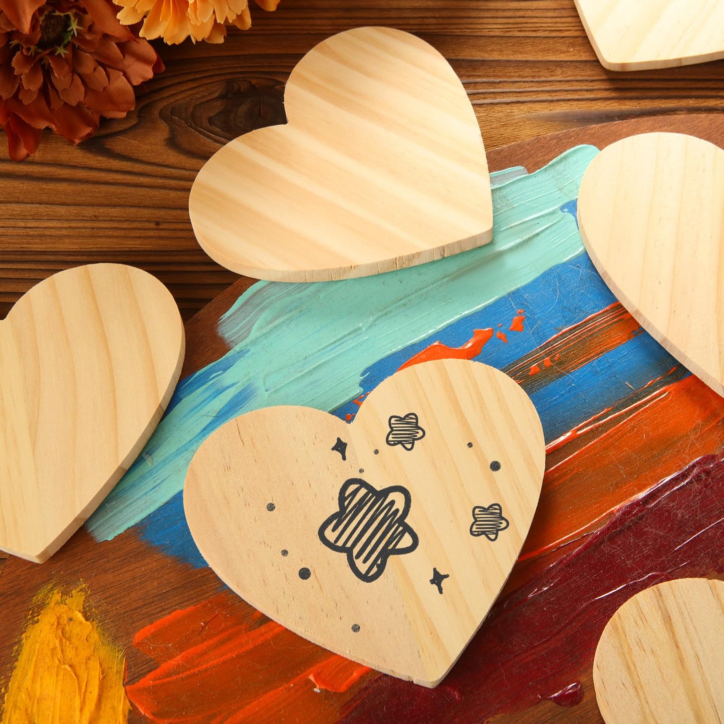 DAJAVE 50 Pack Unfinished Wood Coasters 4 Inch Heart Shape Wooden Coasters for Crafts with Non-Slip Silicon Dots, Wood Coasters Bulk for DIY Stained Painting Wood Engraving Home Decoration