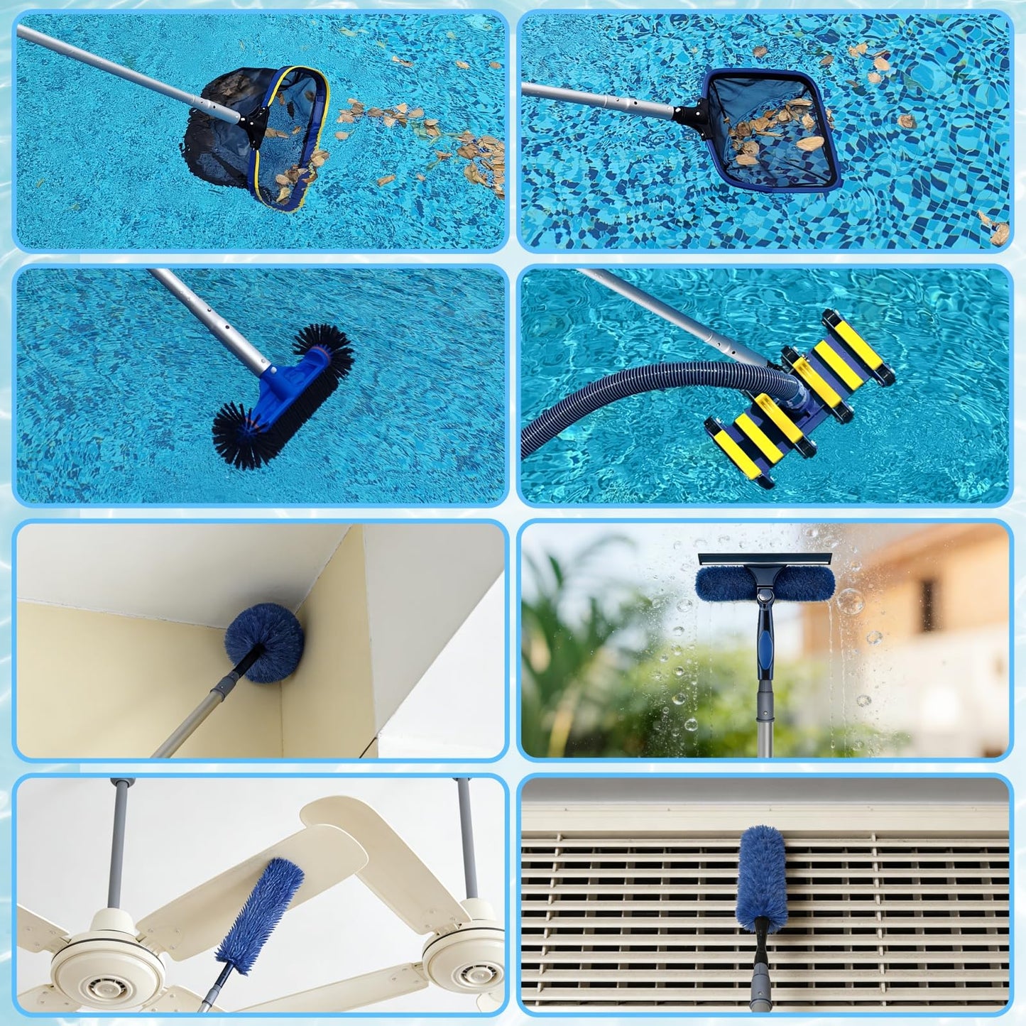 Poolvio 15FT Pool Pole, 3-Piece Telescopic Swimming Pool Cleaning Pole with Universal Threaded Tips, 2-in-1 Design for Skimmer Nets, Vacuum Heads, Brushes & Household Cleaning Tools