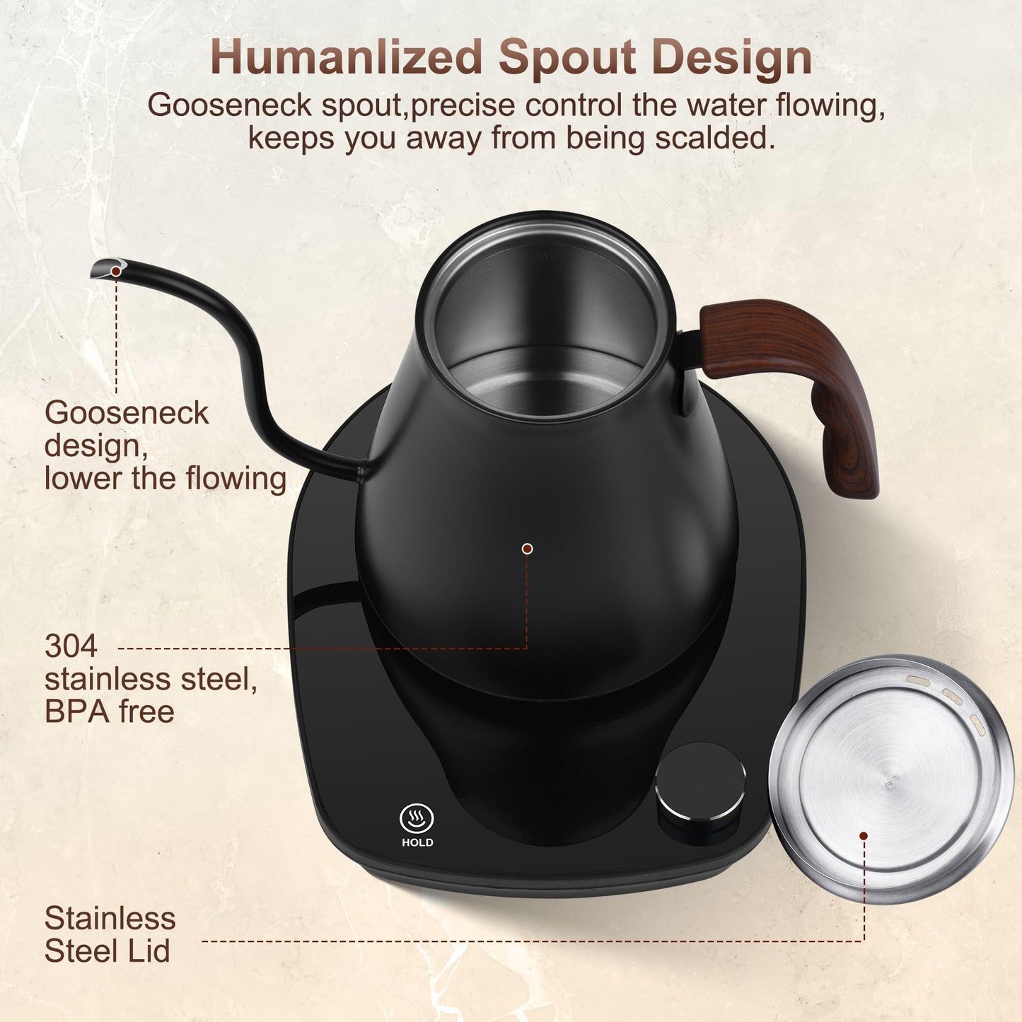 YDDZZM Gooseneck Electric Kettle, Intelligent Temperature Control, Stainless Steel Inner, Quick Heating, for Pour Over Coffee, Brew Tea, Boil Hot Water, 1000W 0.9L Black