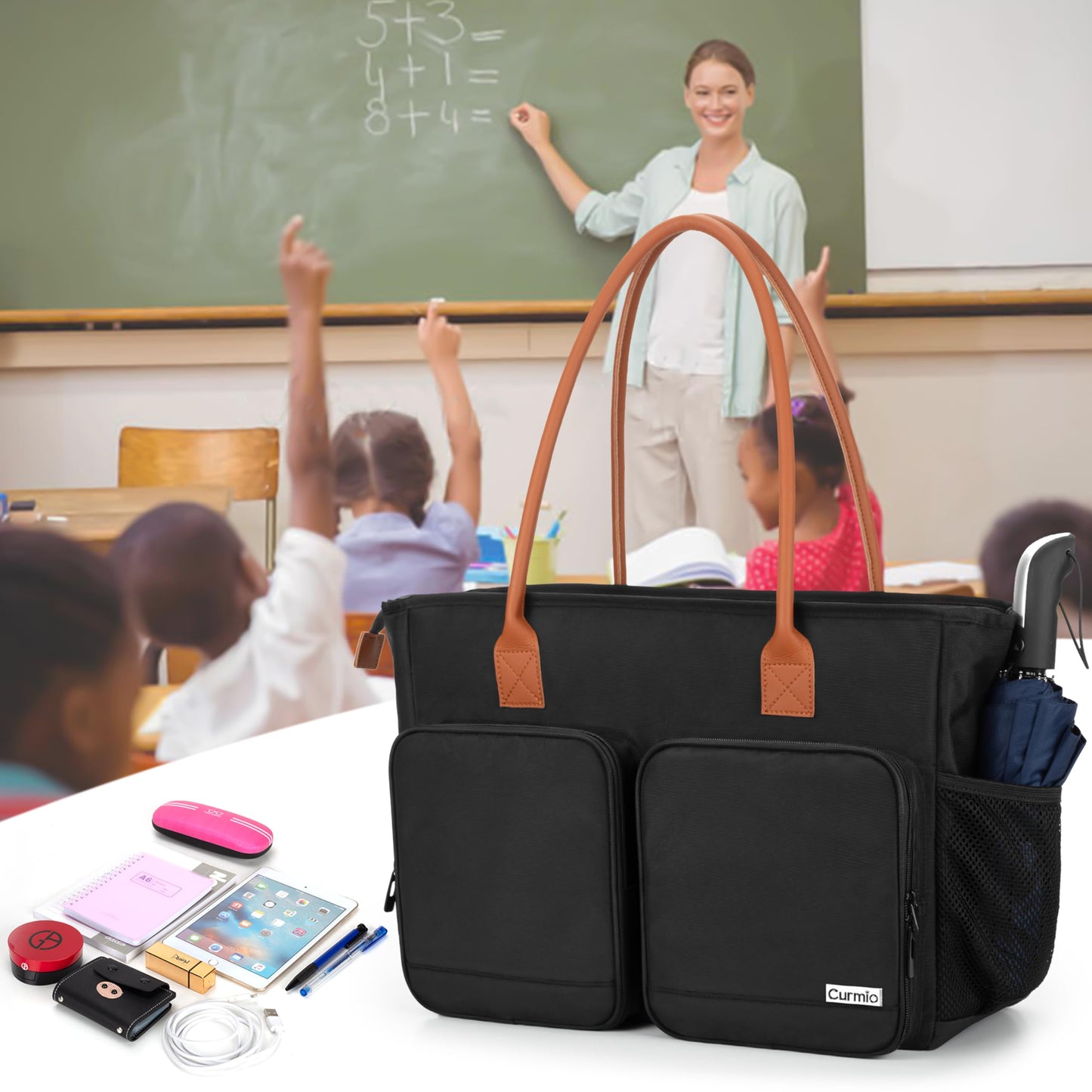 CURMIO Teacher Tote Bag for Women, Large Work Tote for Teachers, Laptop Messenger Bag for School, Black (Bag Only)